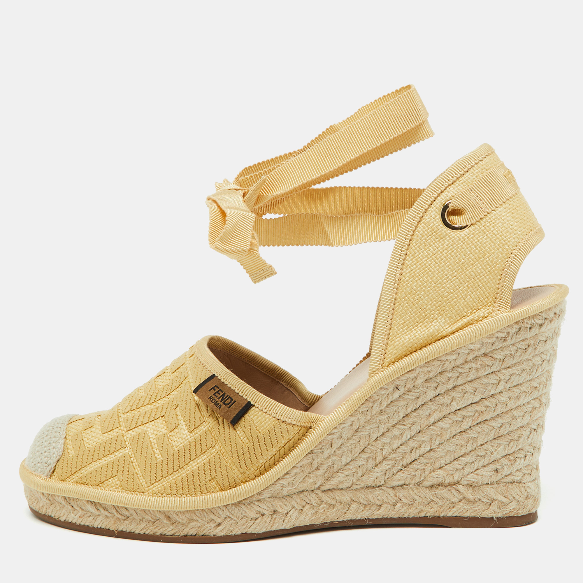 

Fendi Beige Zucca Raffia and Canvas Espadrille Platform Wedge Sandals Size