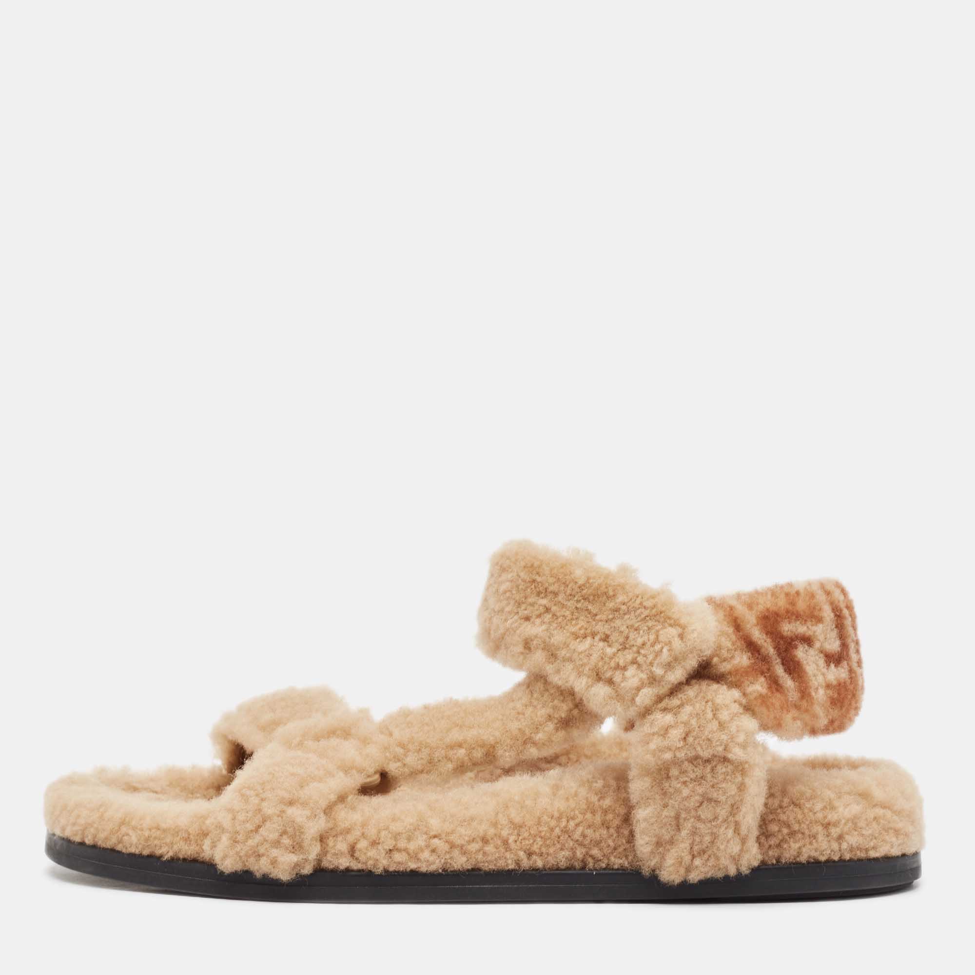 

Fendi Brown Shearling Fur FF Flat Sandals Size