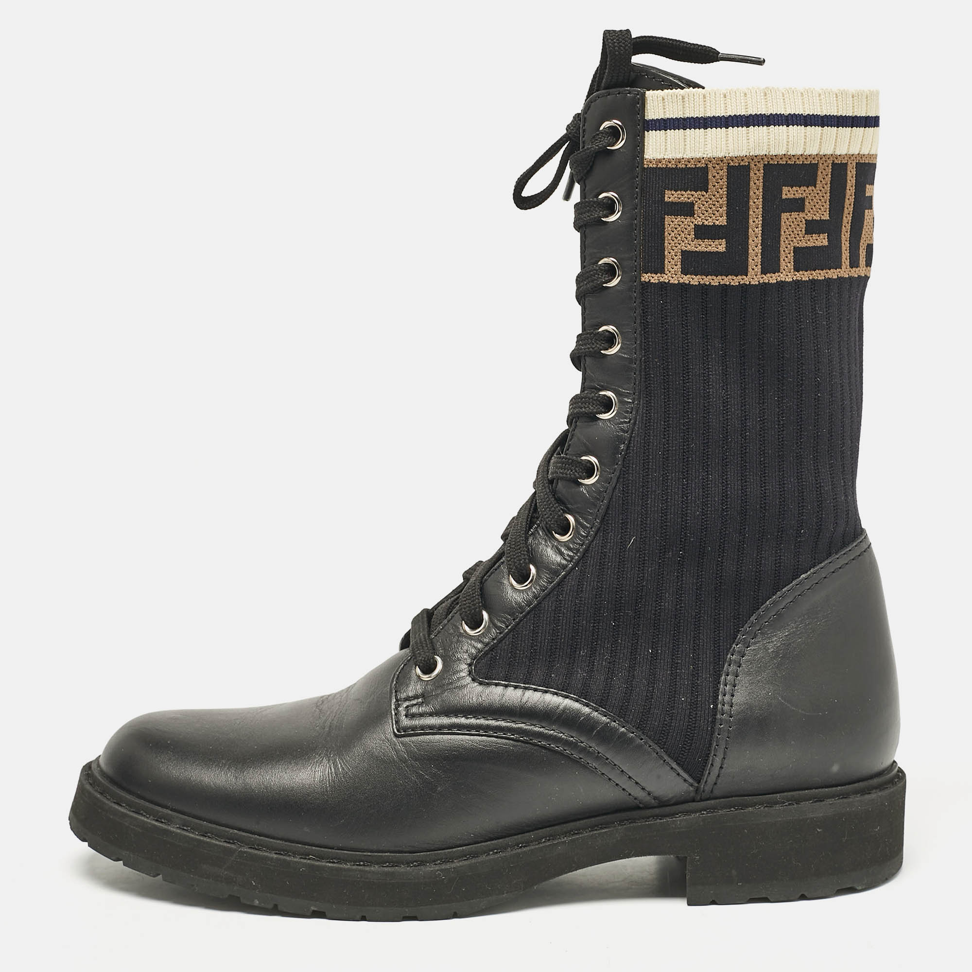 

Fendi Black/Brown Fabric and Leather Rockoko Combat Boots Size