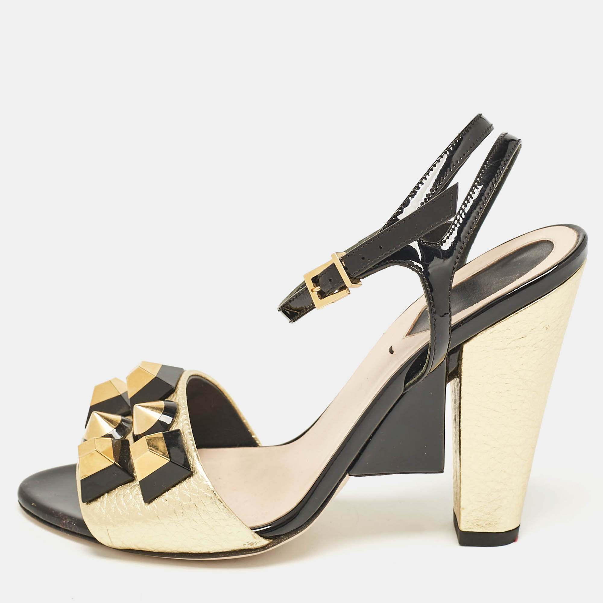 

Fendi Gold/Black Leather and Patent Studded Ankle Strap Sandals Size