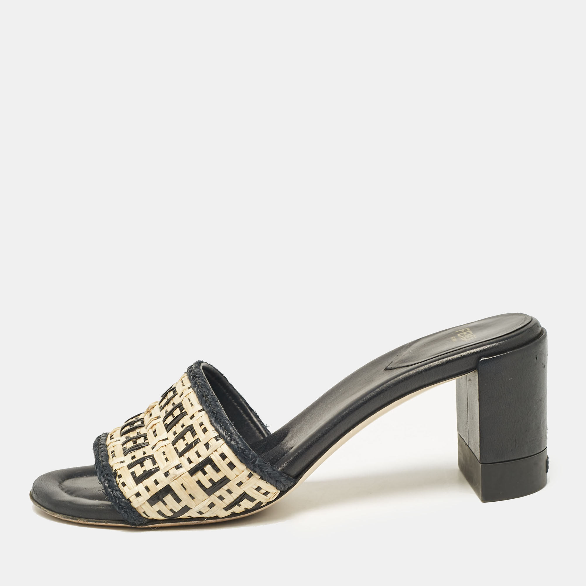 

Fendi Cream/Black Leather and Raffia FF Slide Sandals Size