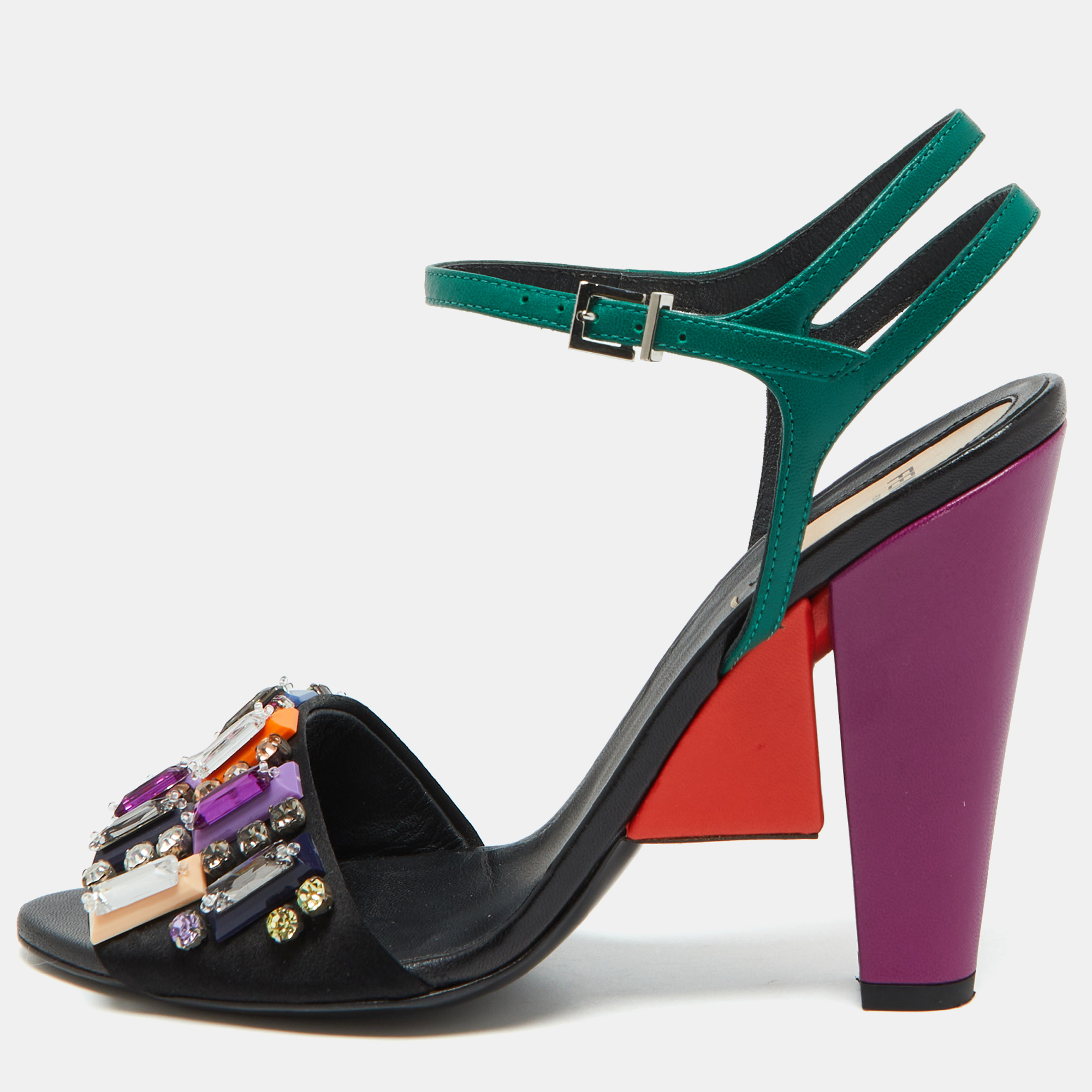 

Fendi Multicolor Satin Fantasia Crystal Embellished Ankle Strap Sandals Size