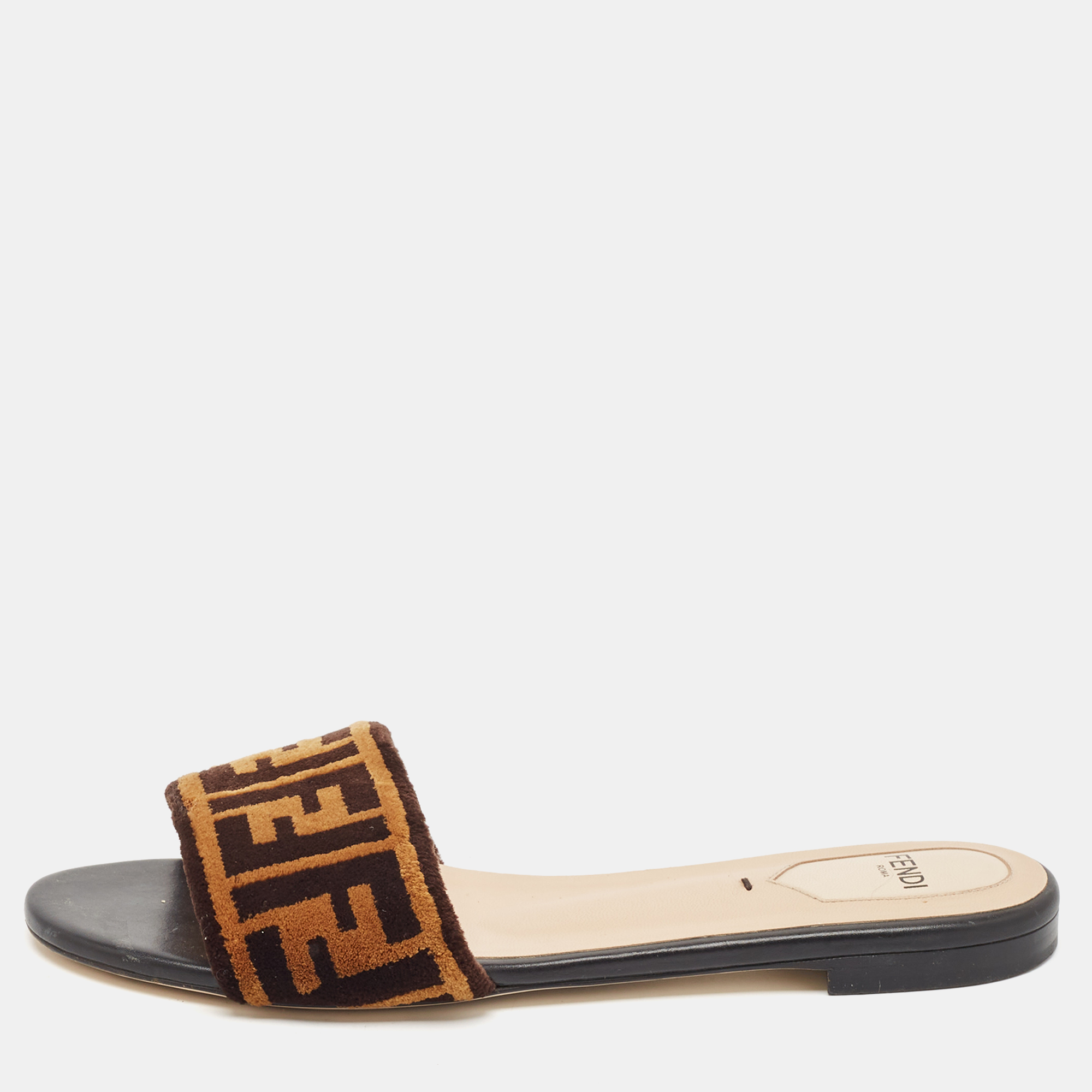 

Fendi Two Tone Zucca Velvet Flat Slides Size, Brown