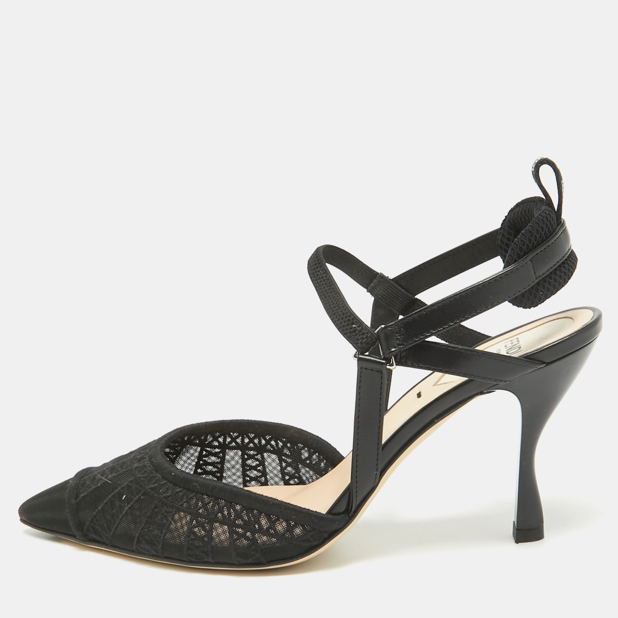 

Fendi Black Lace and Leather Colibri Lite Slingback Pumps Size