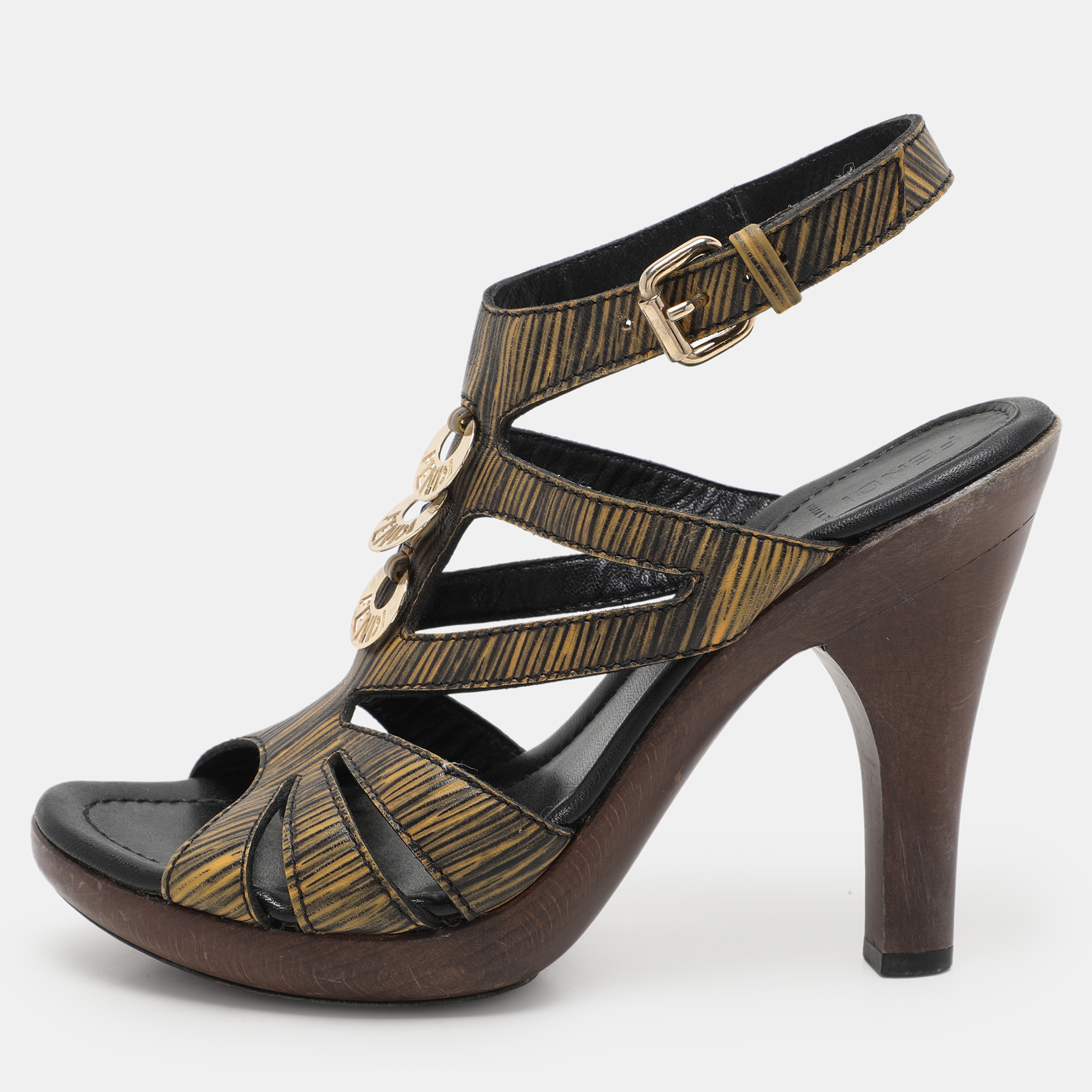 

Fendi Black/Yellow Leather Embellished Ankle Strap Sandals Size