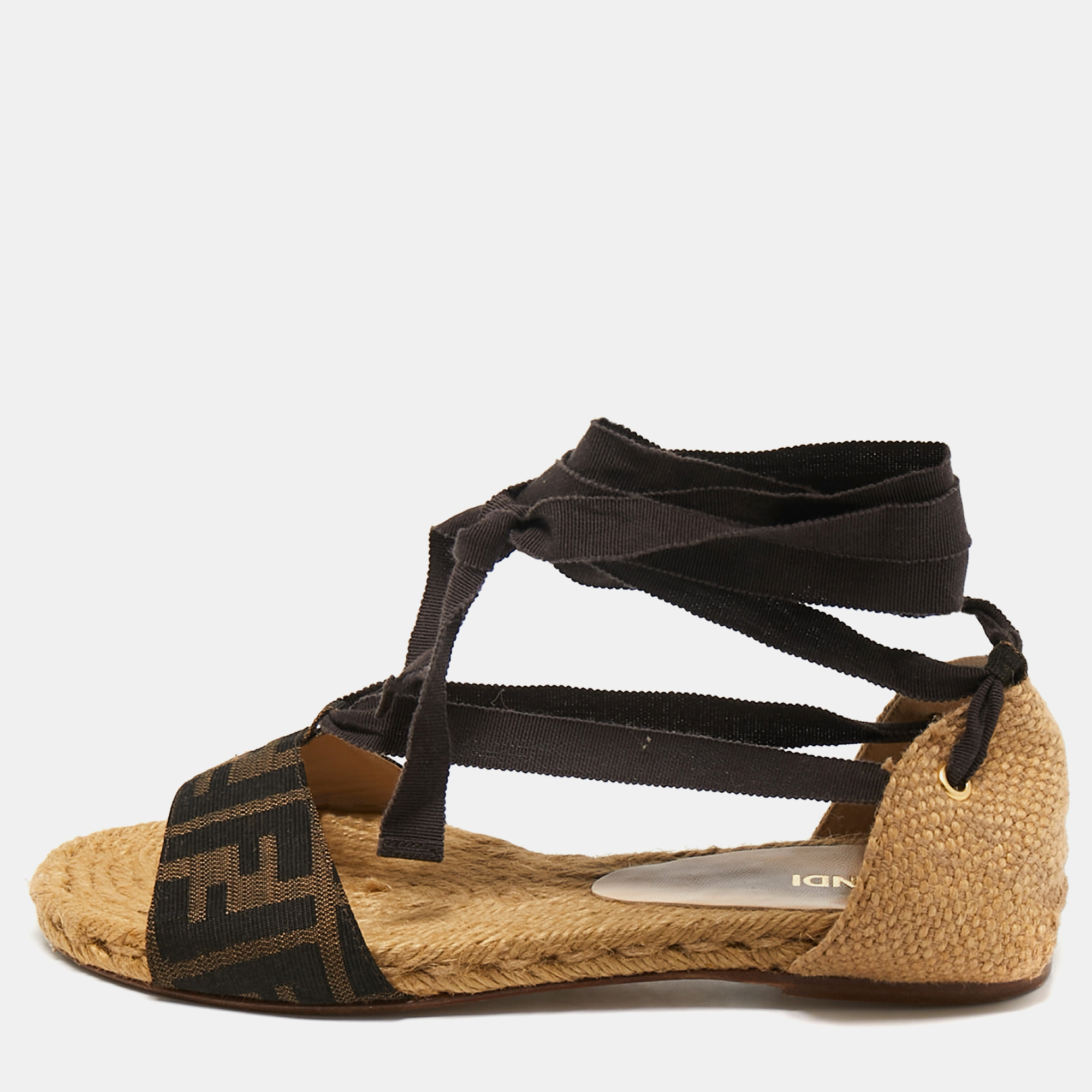 

Fendi Brown FF Canvas and Fabric Ankle Wrap Flat Sandals Size