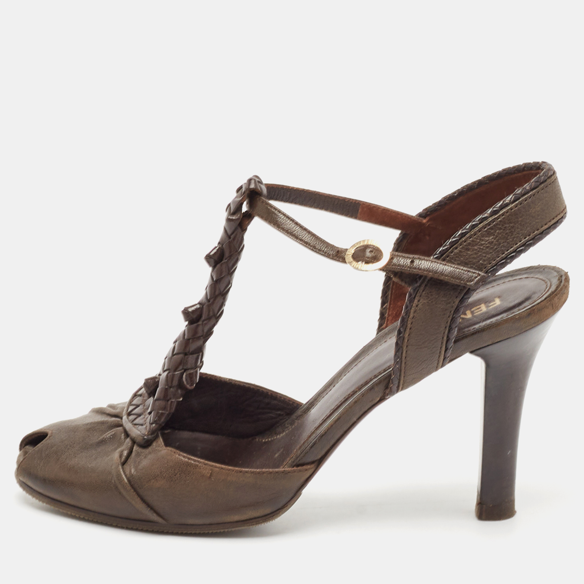 

Fendi Brown Leather T Strap Peep Toe Ankle Strap Sandals Size