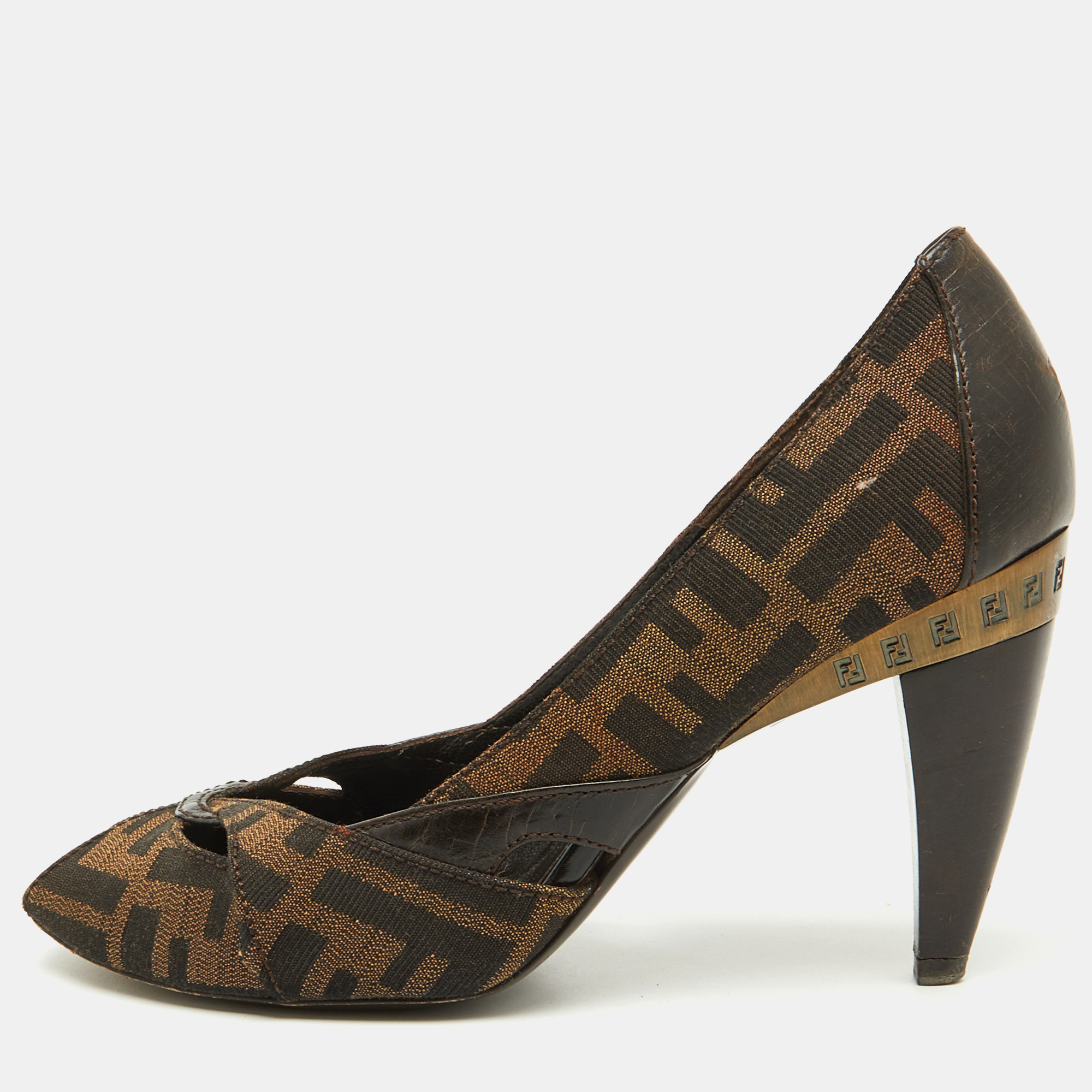 

Fendi Tobacco Zucca Canvas and Leather Peep Toe Pumps Size, Brown