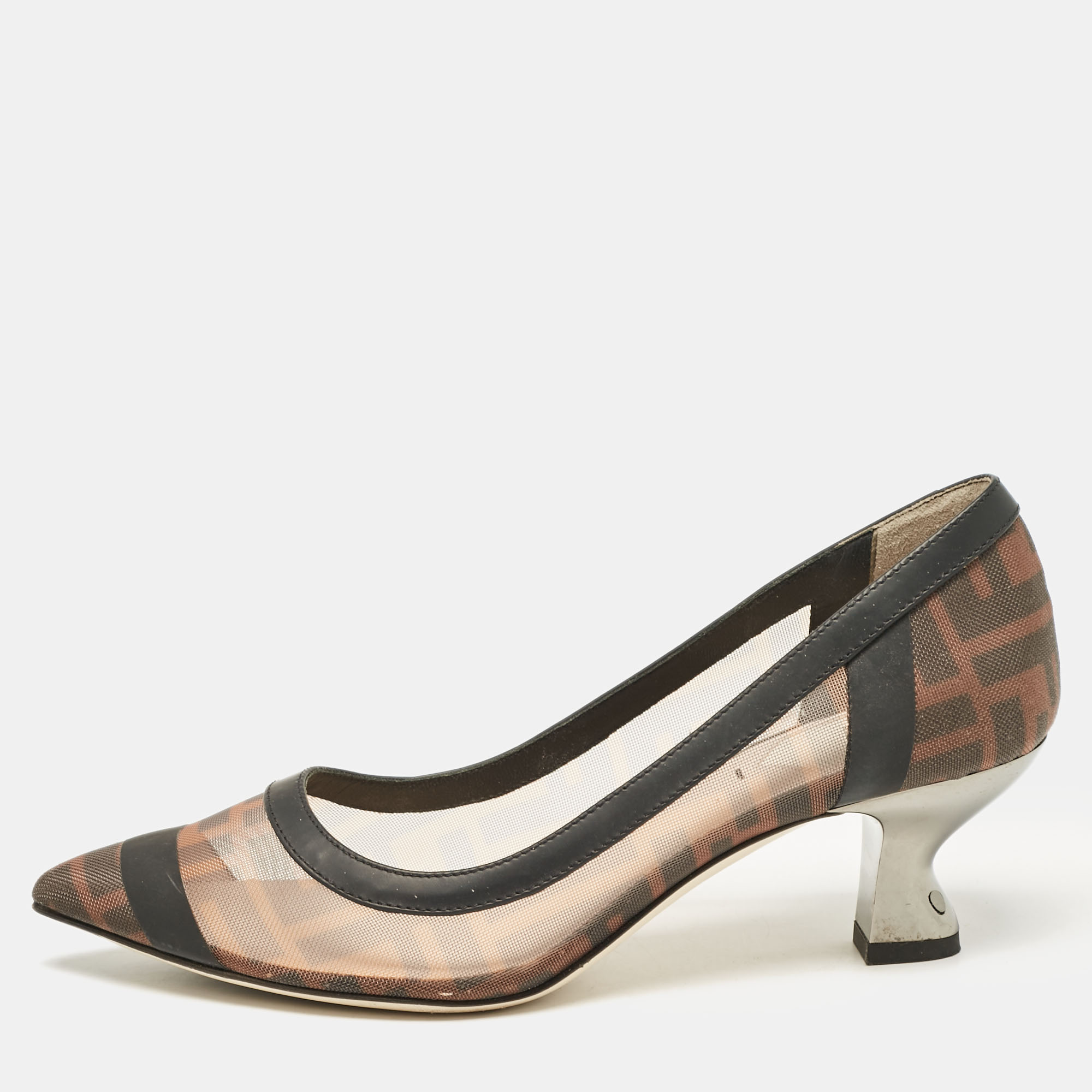 

Fendi Brown/Black Leather and Mesh Colibri Pumps Size