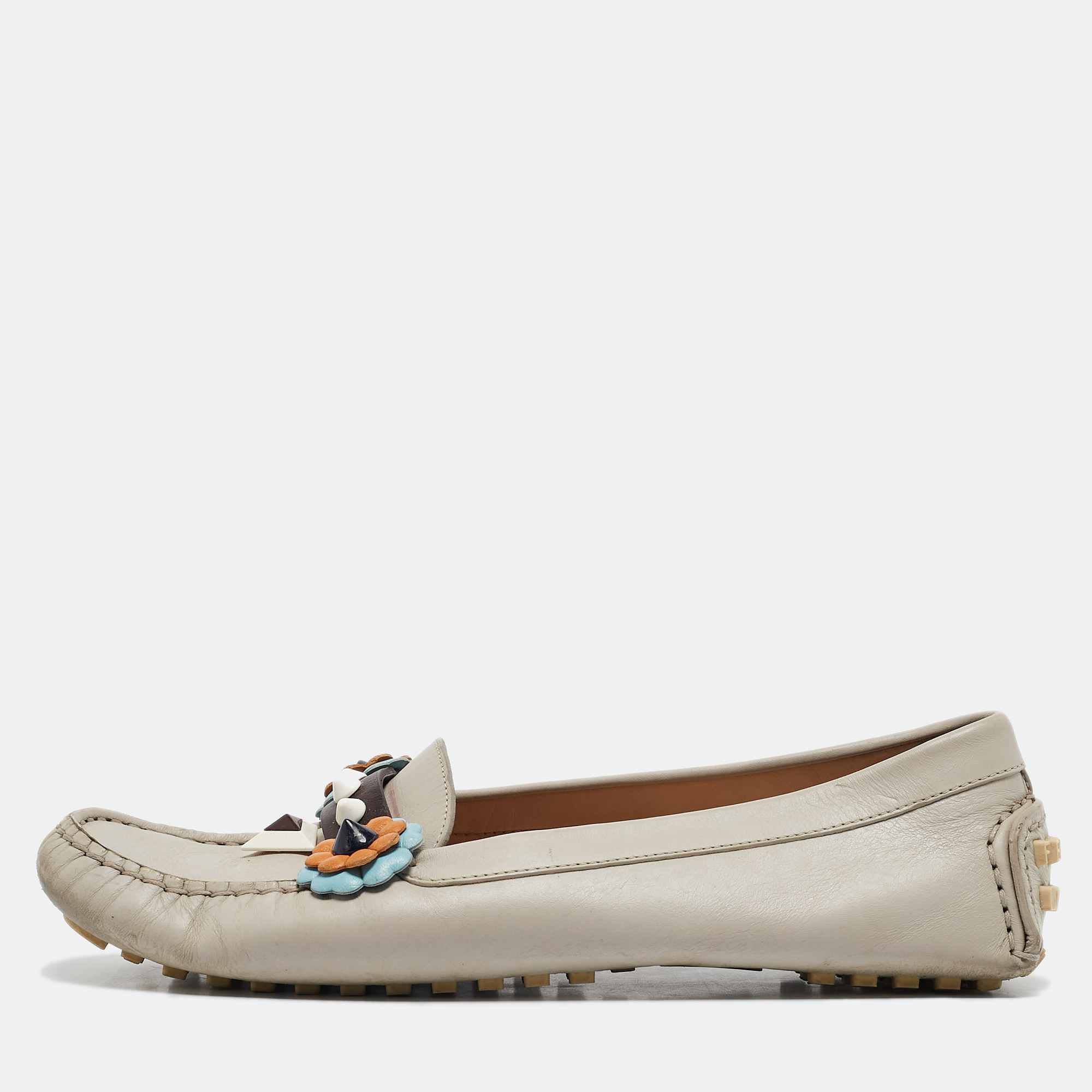 

Fendi Grey Leather Studded Flowerland Loafers Size