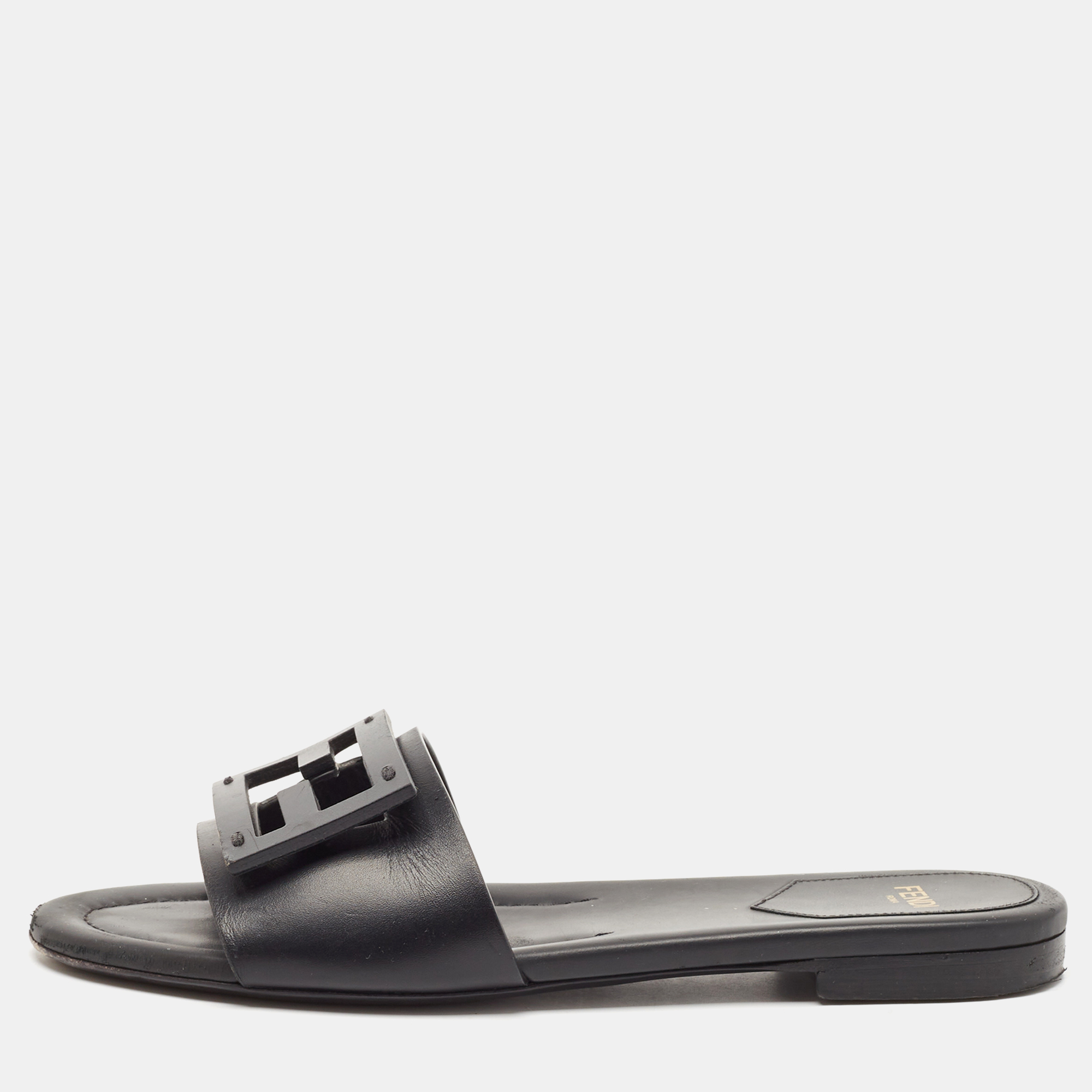 

Fendi Black Leather Logo Flat Slides Size