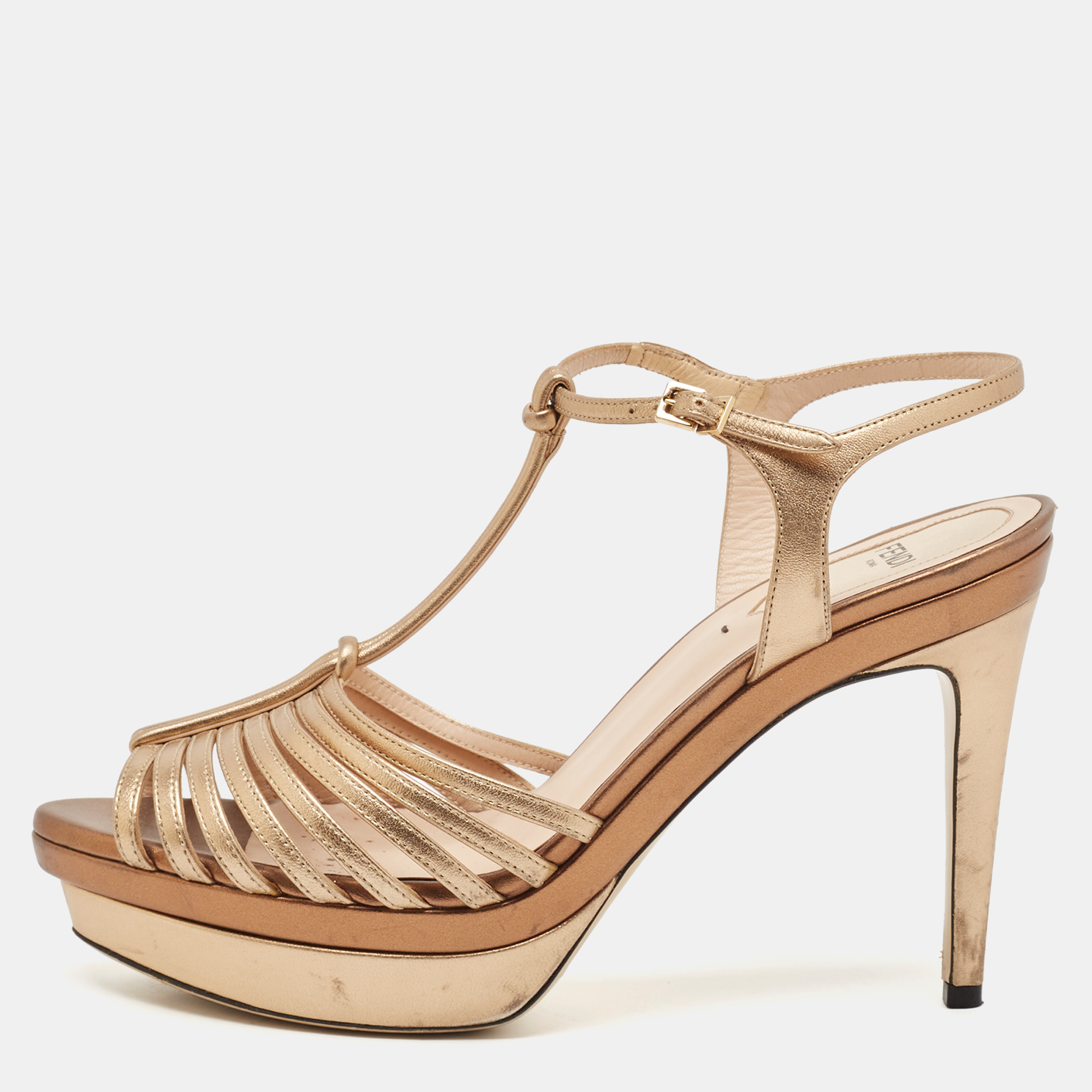 

Fendi Gold/Bronze Leather Strappy T-Bar Platform Sandals Size