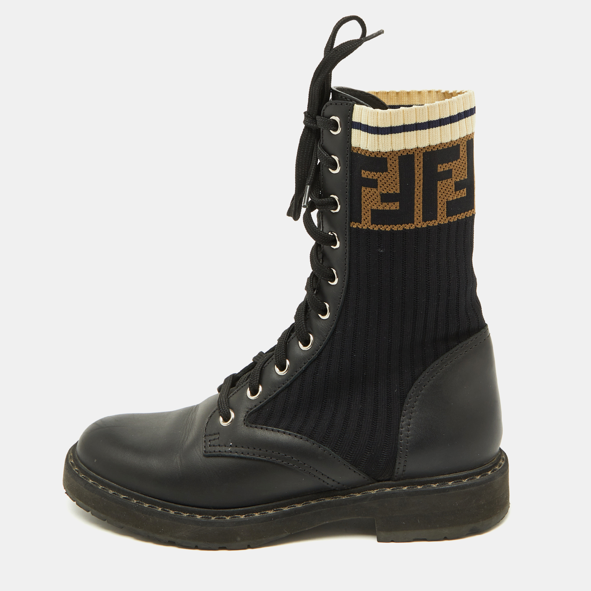 

Fendi Black Leather and Zucca Stretch Fabric Rockoko Combat Boots Size