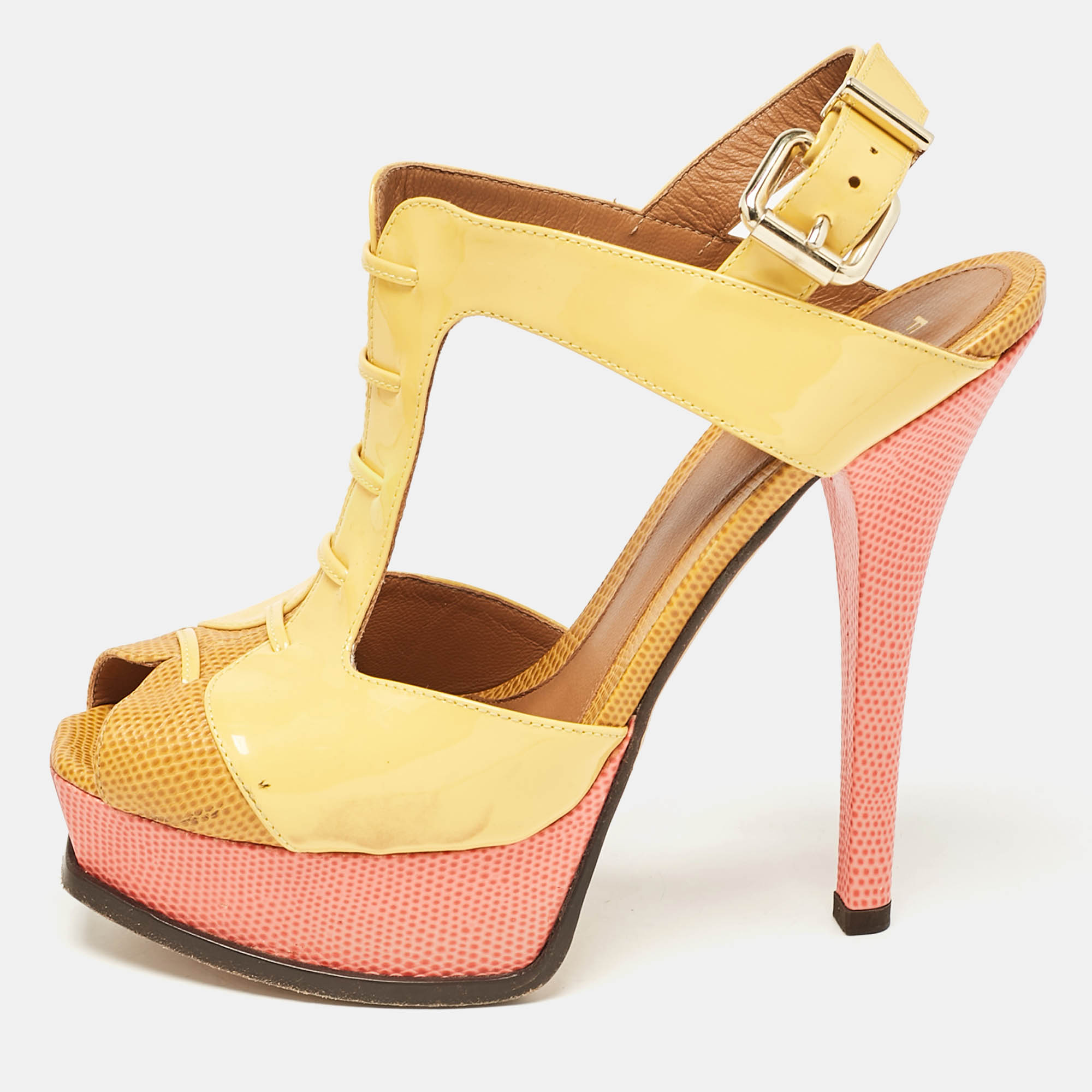 

Fendi Yellow Lizard Embossed Leather and Patent Leather Fendista Platform Sandals Size