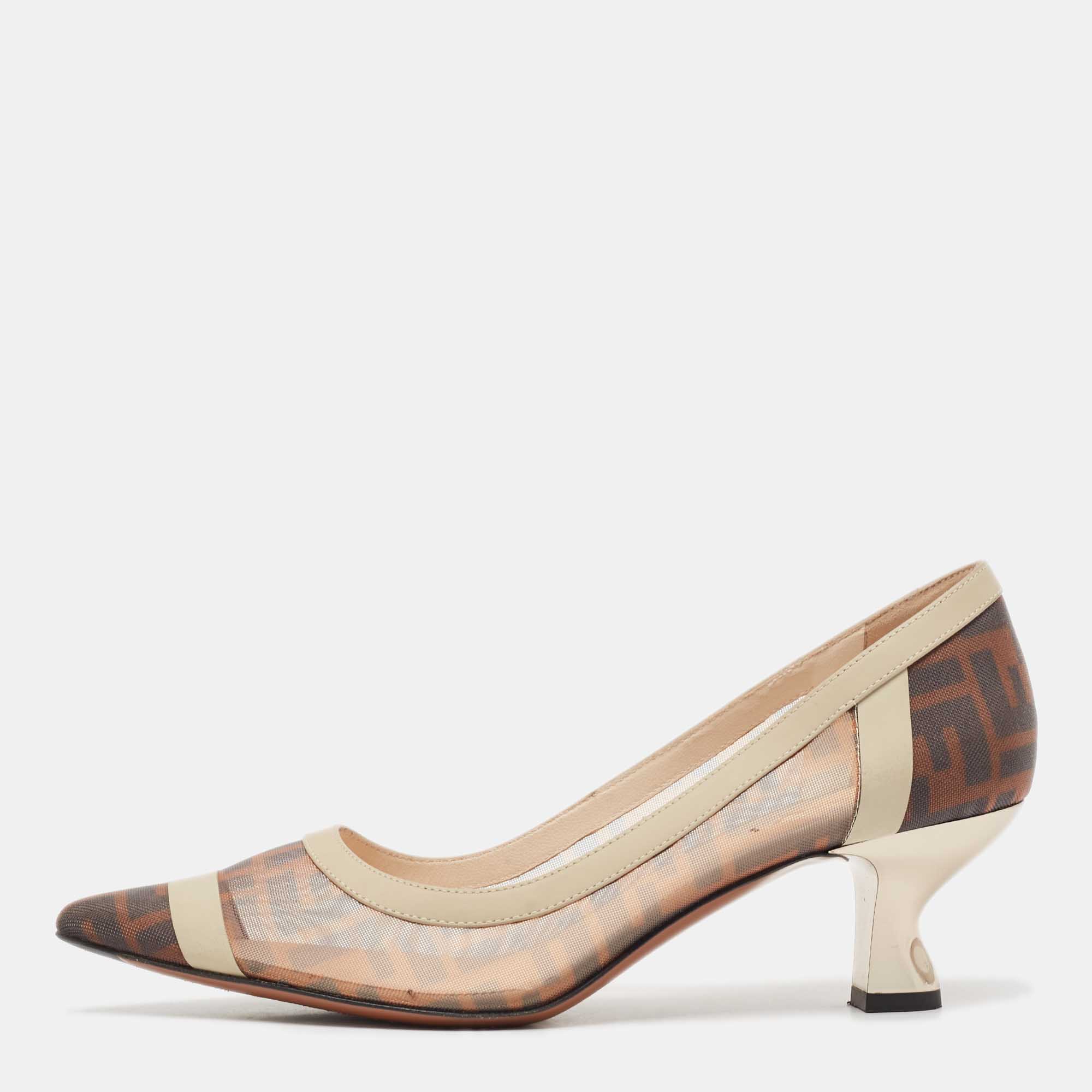 

Fendi Brown/Beige Zucca Mesh and Leather Colibri Pointed Toe Pumps Size