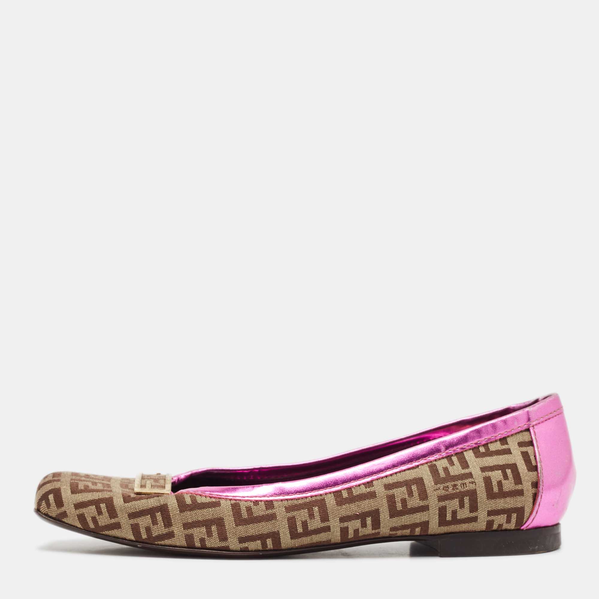 

Fendi Brown/Pink Zucca Canvas and Leather Logo Ballet Flats Size