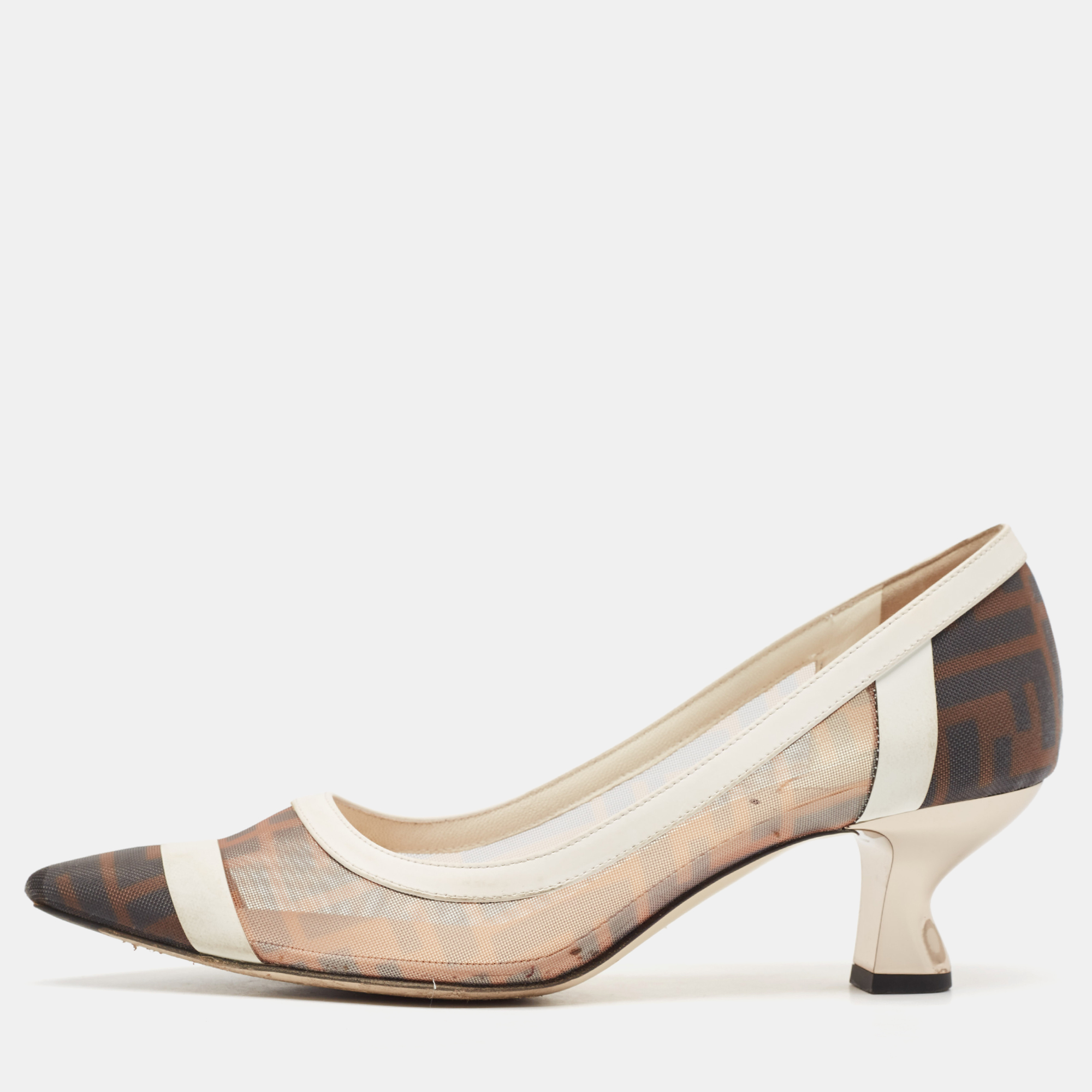 

Fendi Brown/White Zucca Mesh and Leather Colibri Pumps Size