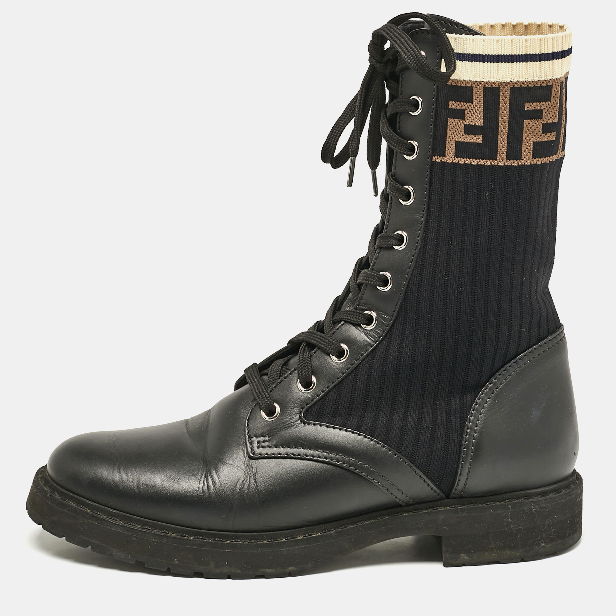 

Fendi Black Leather and Zucca Stretch Fabric Rockoko Combat Boots Size