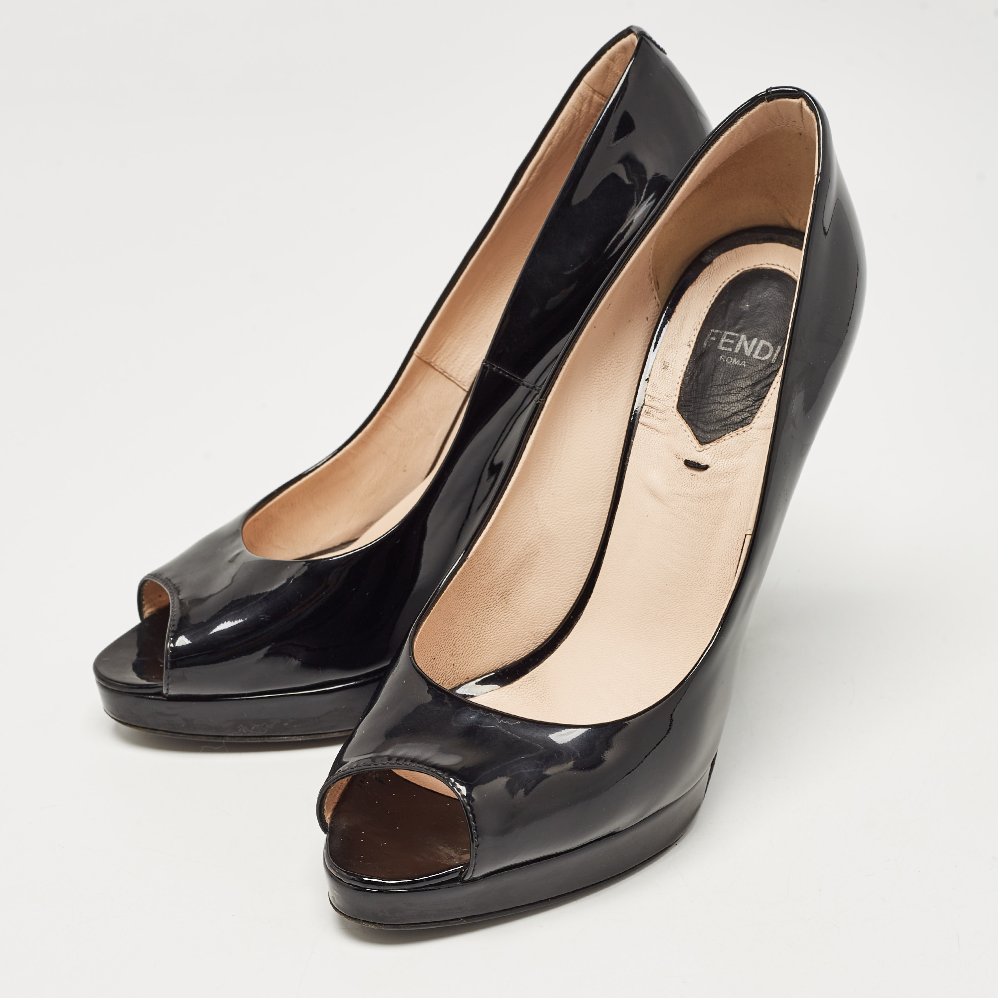 Fendi Black Patent Leather Peep Toe Platform  Pumps Size 37.5 