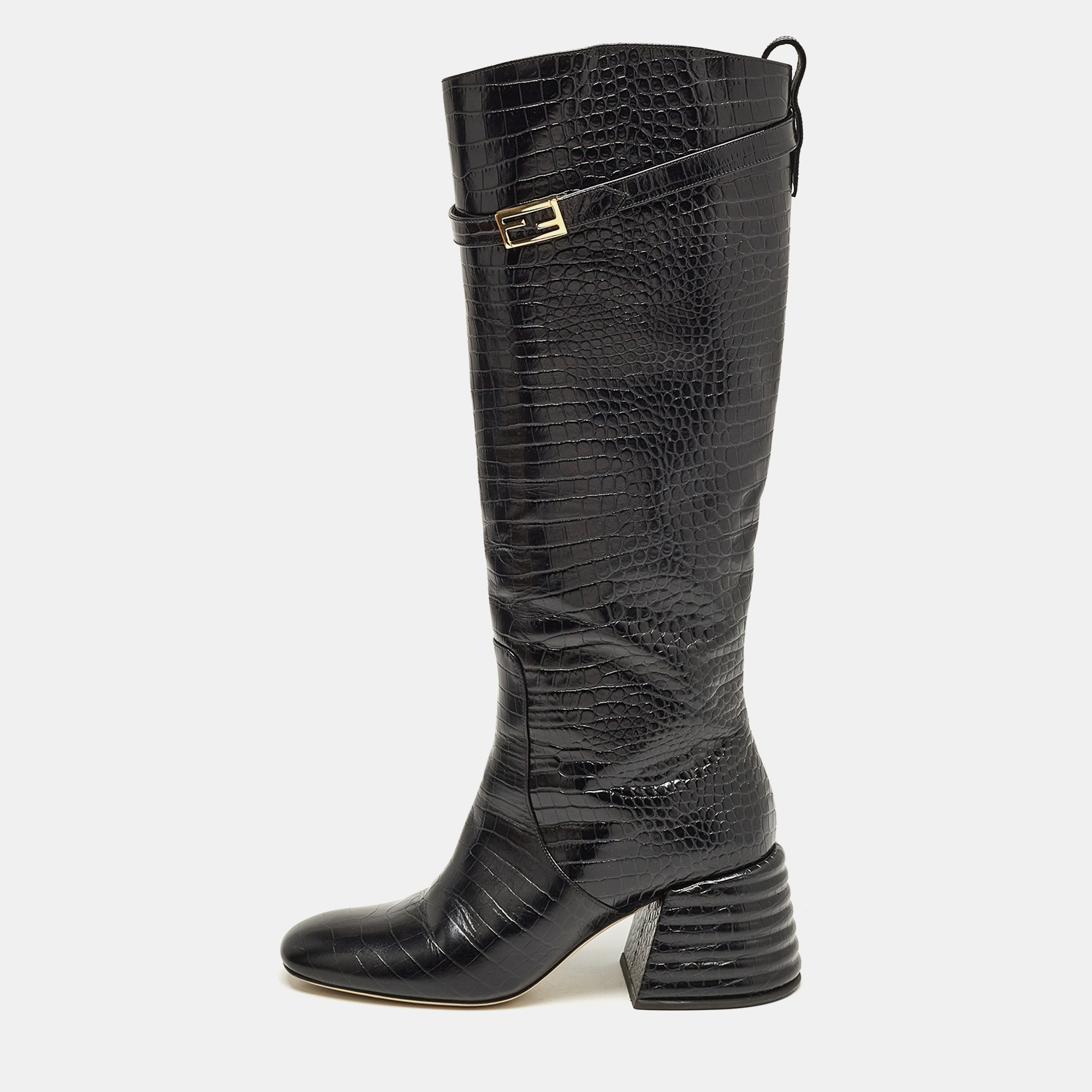 

Fendi Black Croc Embossed Leather Knee Length Boots Size