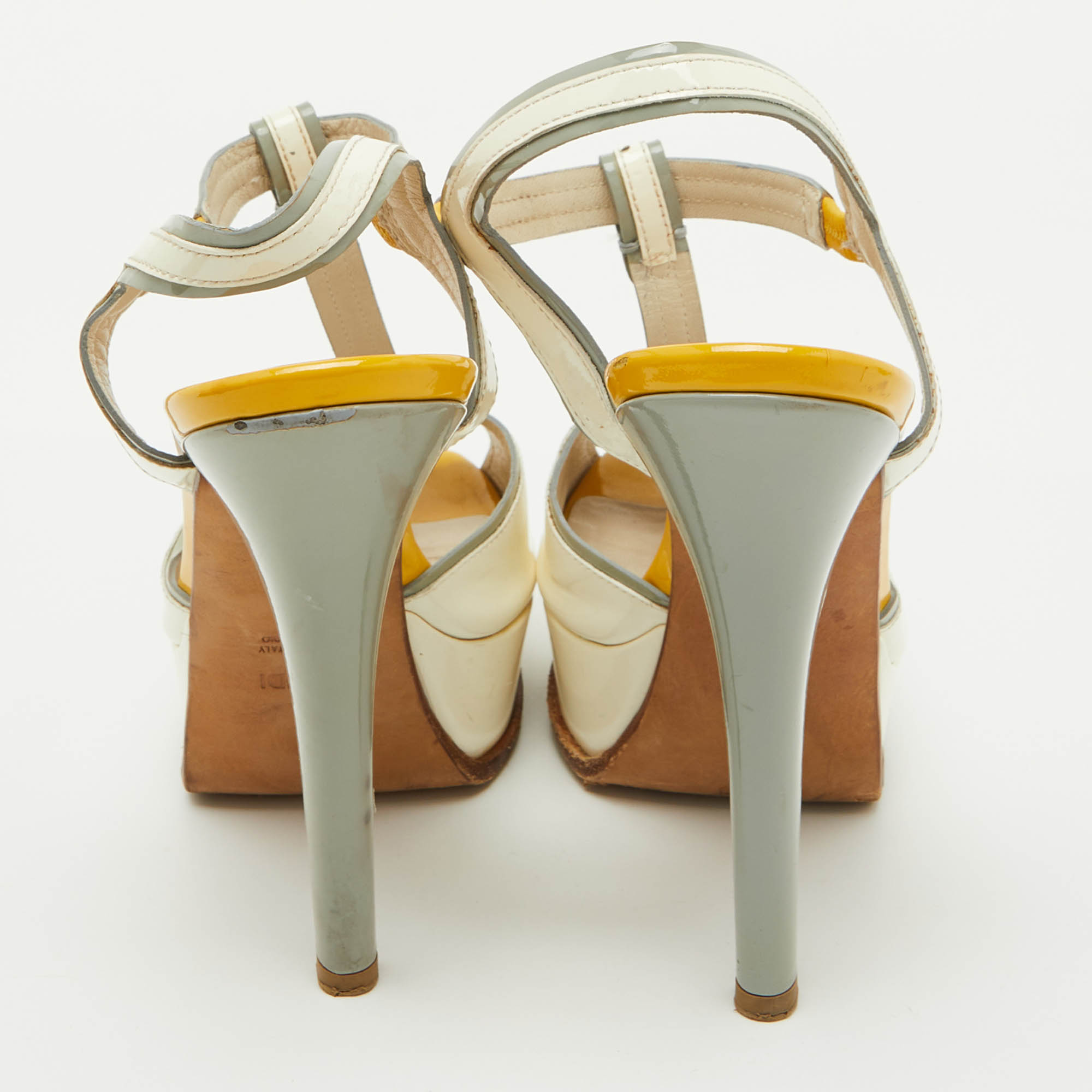 Fendi Tri Color Patent Leather T- Strap Fendista Platform Sandals Size 40 