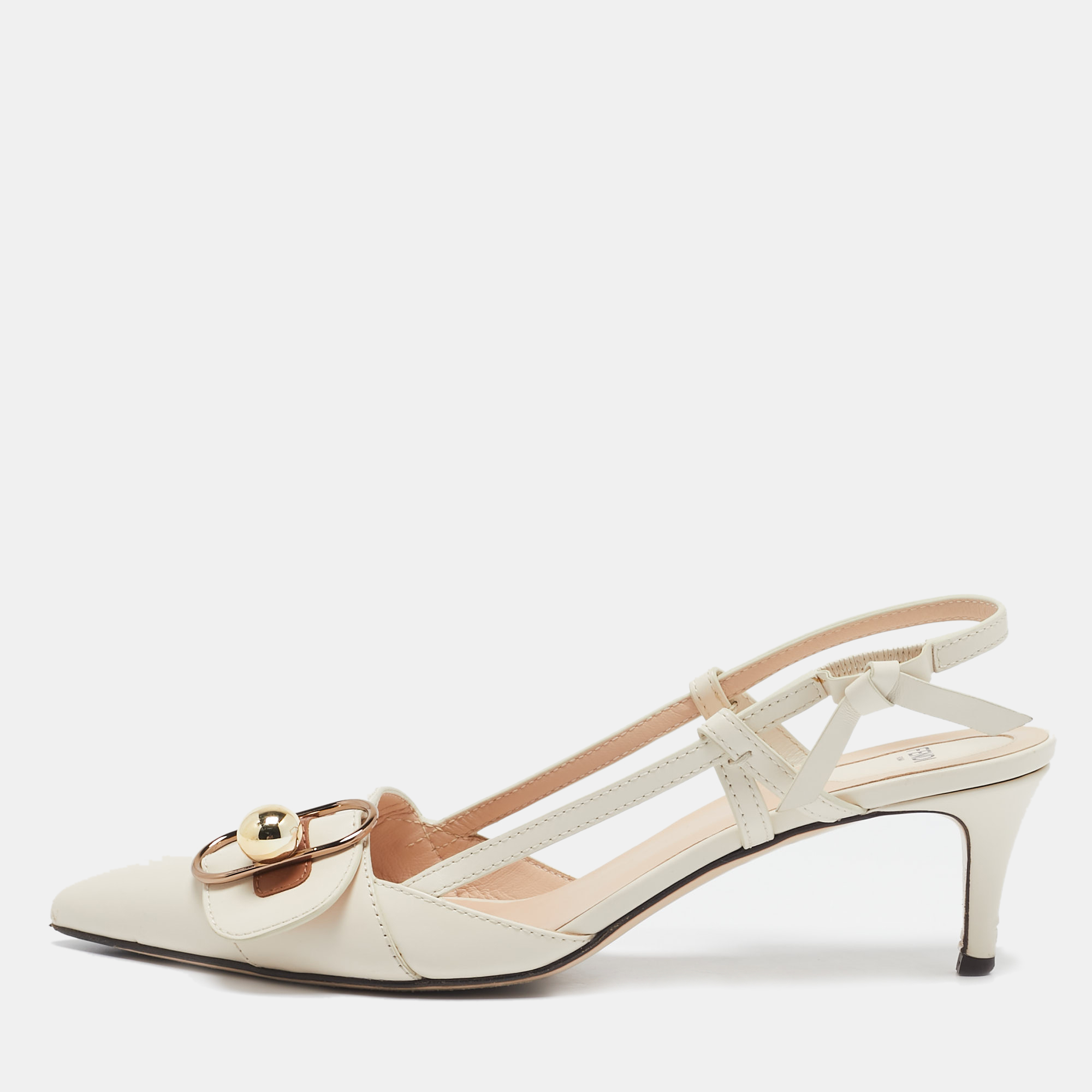 

Fendi Cream/Brown Leather Buckle Strap Slingback Pumps Size