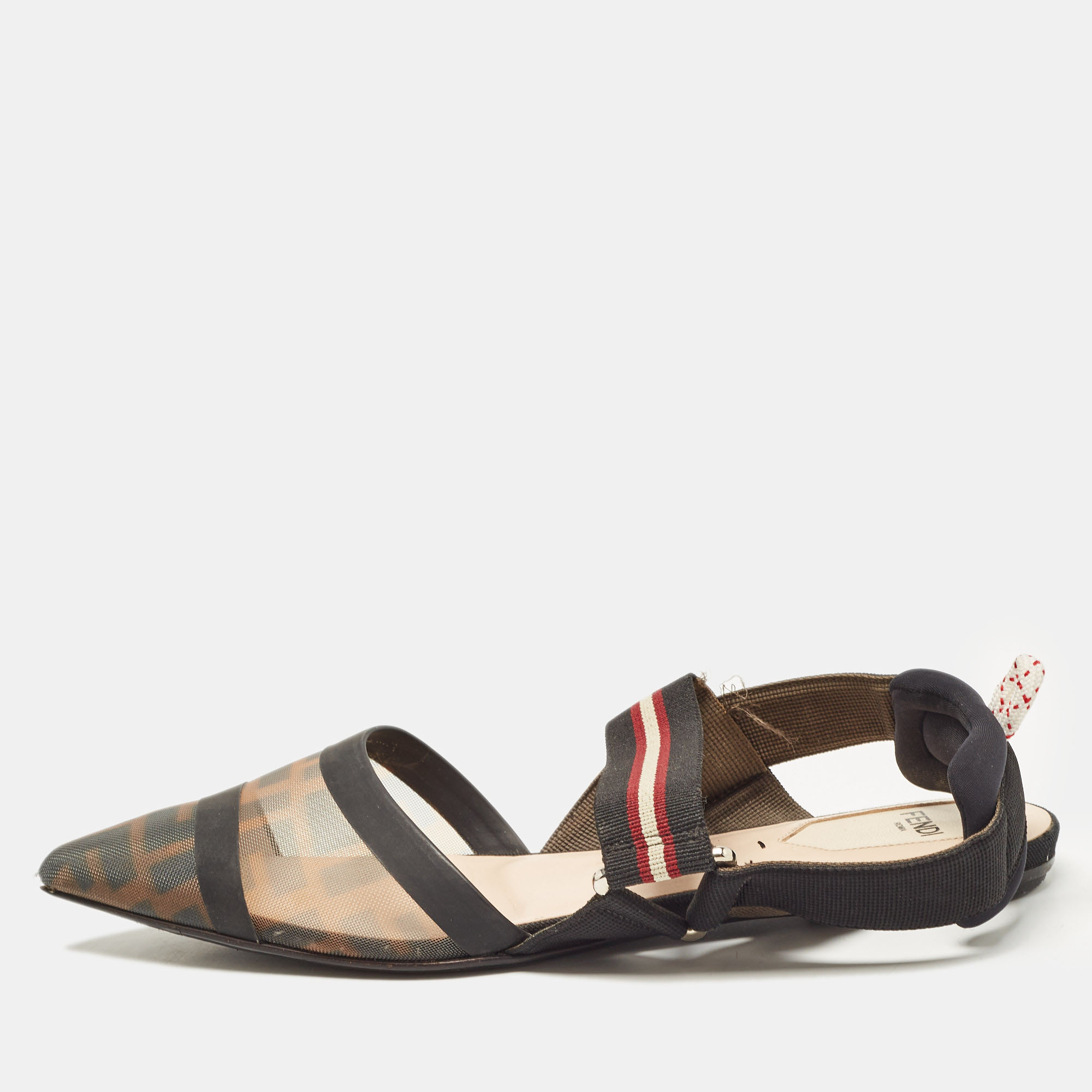 

Fendi Brown/Black Zucca Mesh and Leather Colibri Slingback Flats Size