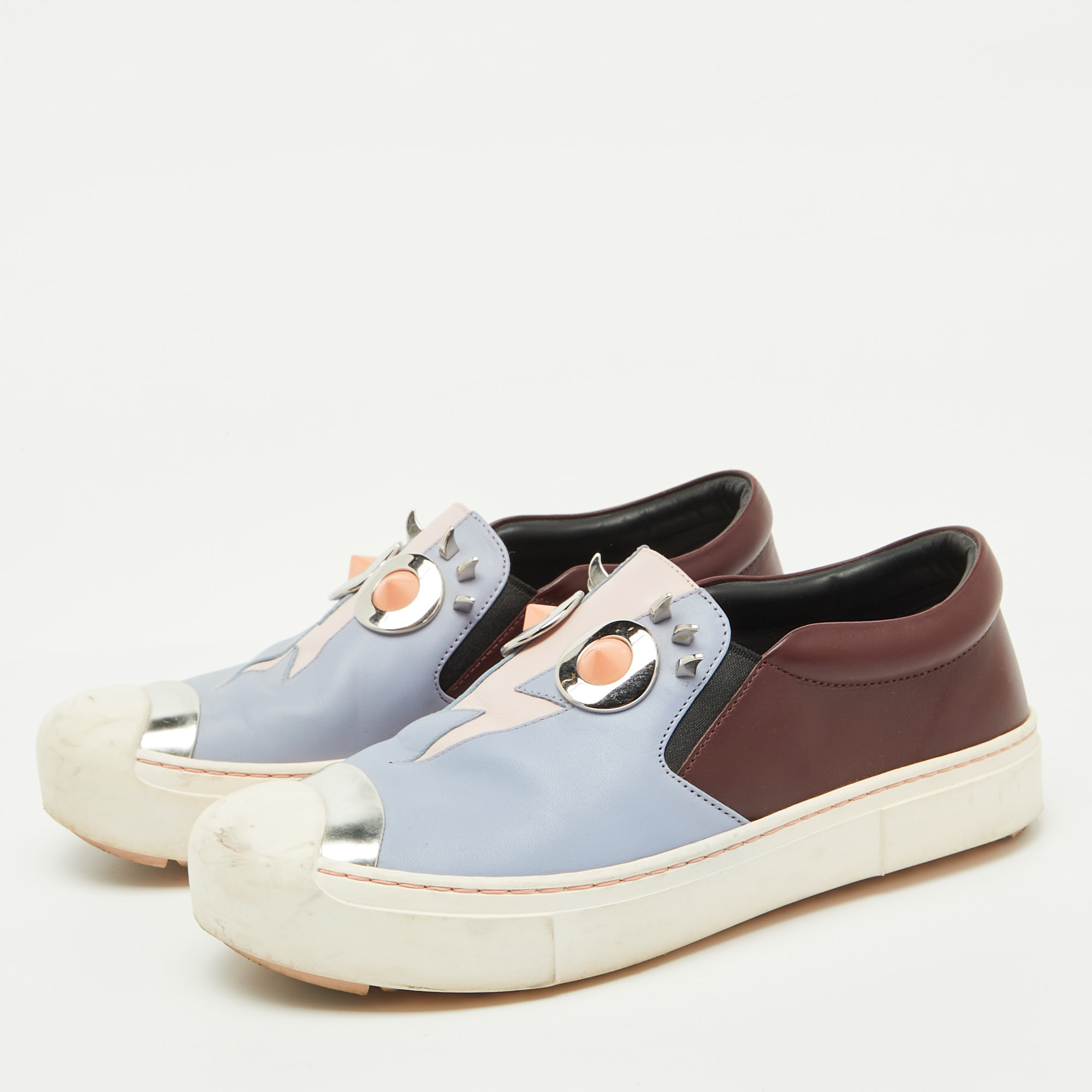 Fendi Multicolor Leather Face Motif Slip On Sneakers Size 37.5 