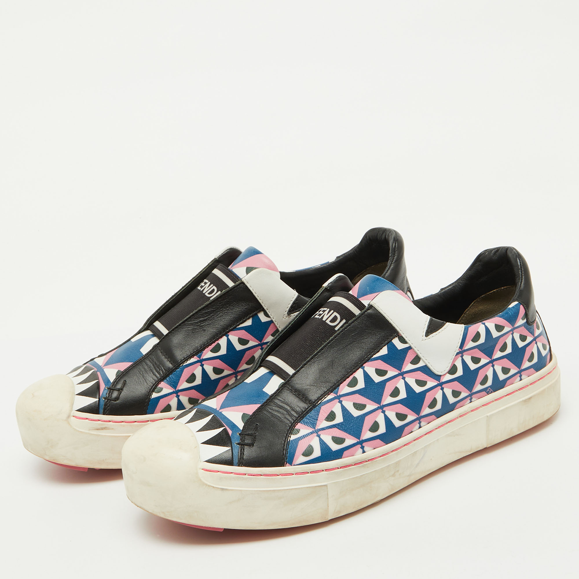 Fendi Multicolor Bug Eye Print Leather Slip On Sneakers Size 38 