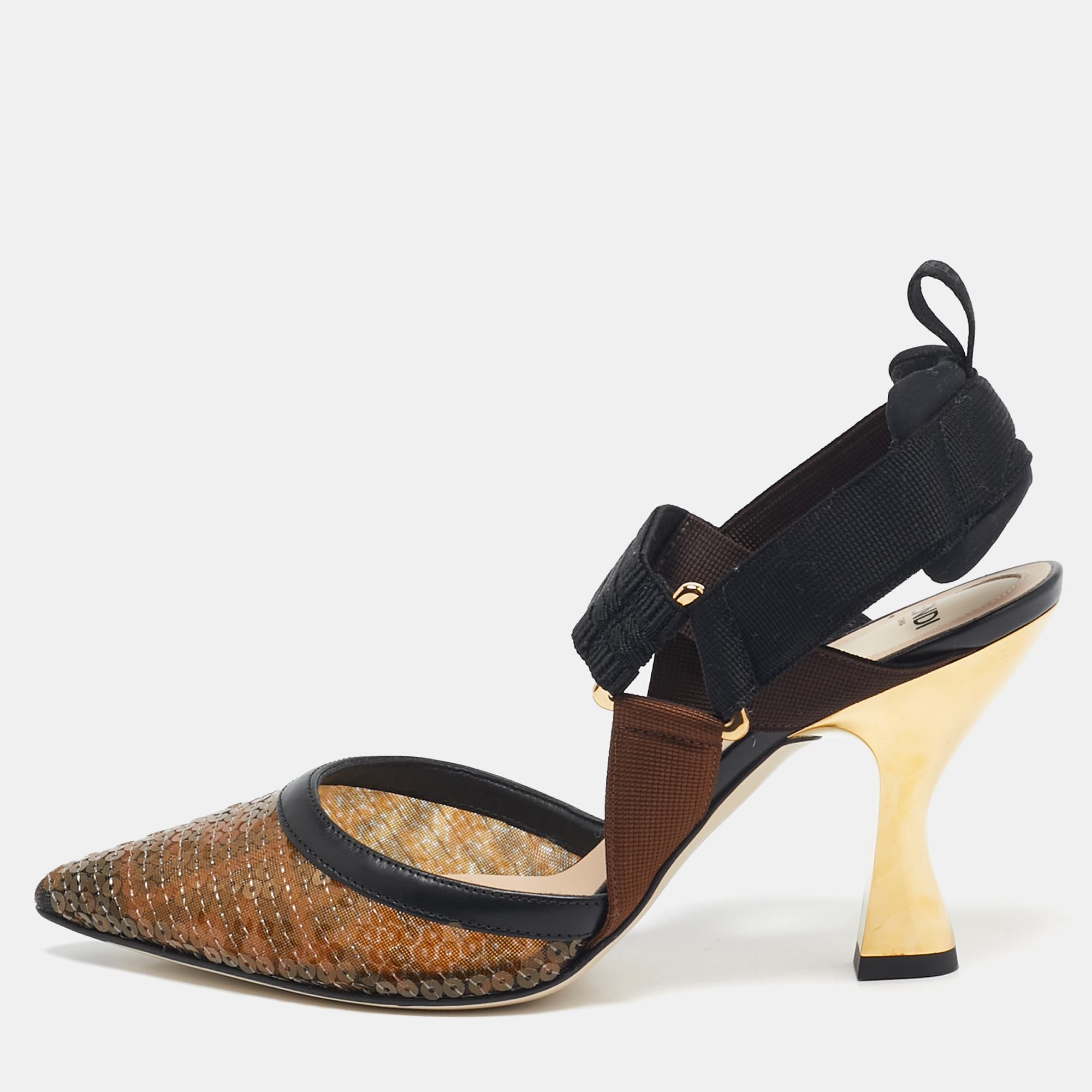 

Fendi Brown/Black Zucca Sequins and Leather Colibri Slingback Pumps Size, Multicolor