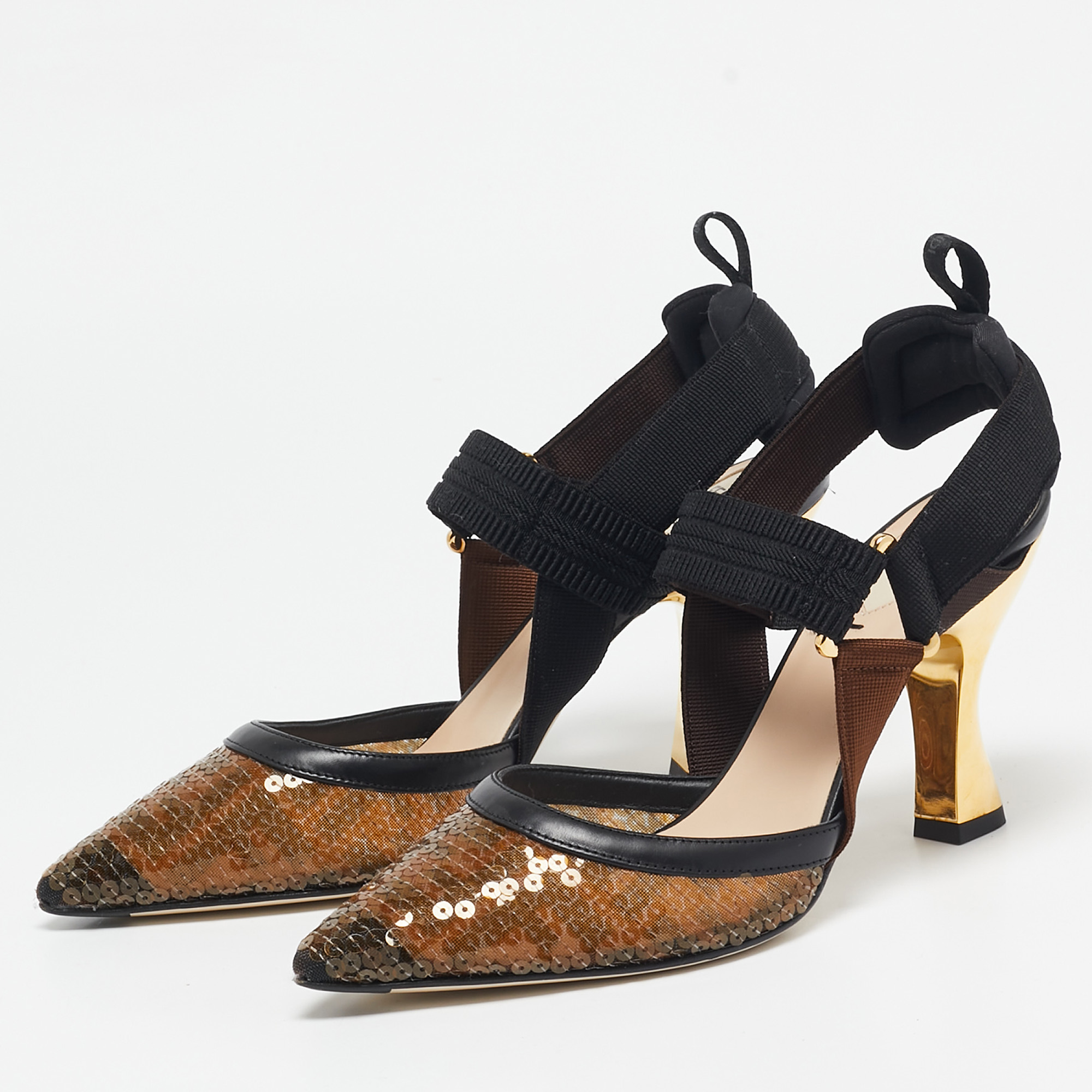 Fendi Brown/Black Zucca Sequins and Leather Colibri Slingback Pumps Size 37 