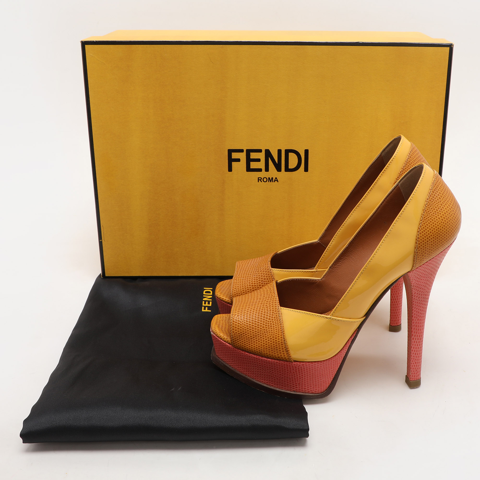 Fendi Tri Color Fendista Colorblock Lizard-Embossed Leather Peep Toe Platform Pumps Size 36 