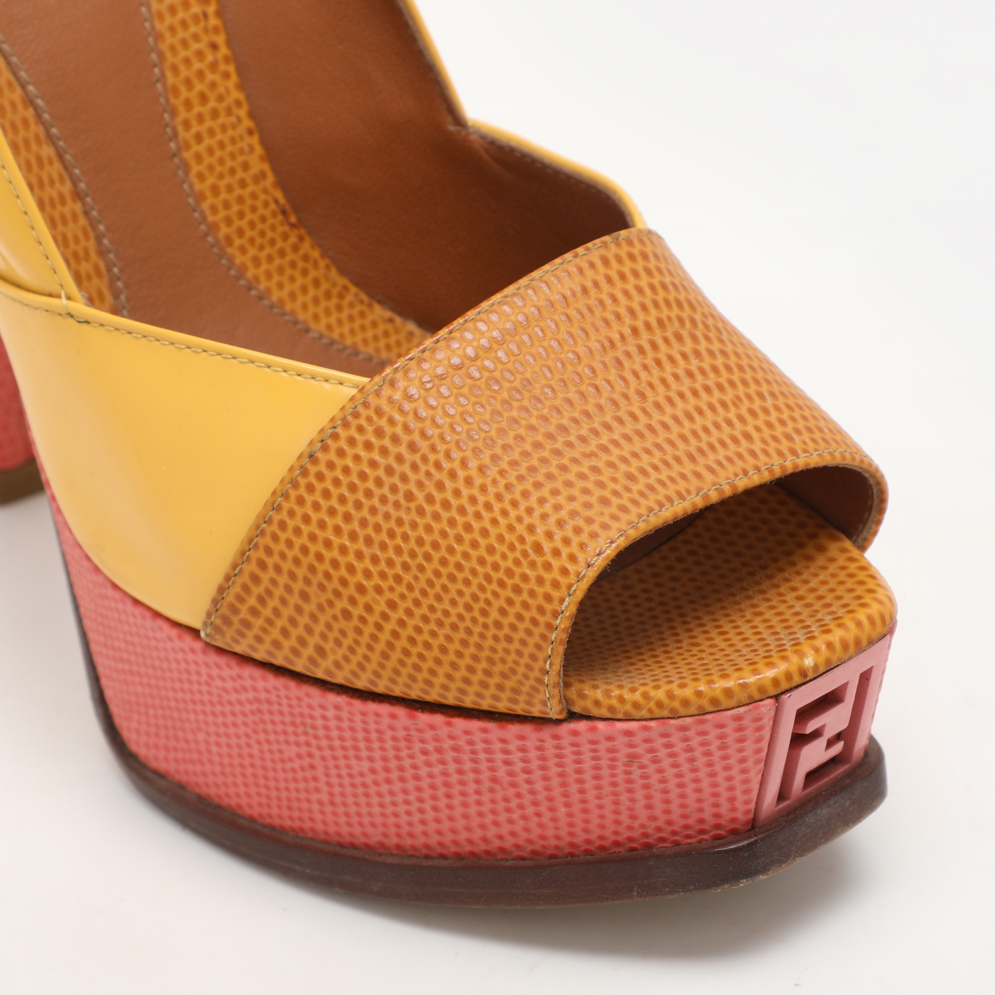 Fendi Tri Color Fendista Colorblock Lizard-Embossed Leather Peep Toe Platform Pumps Size 36 