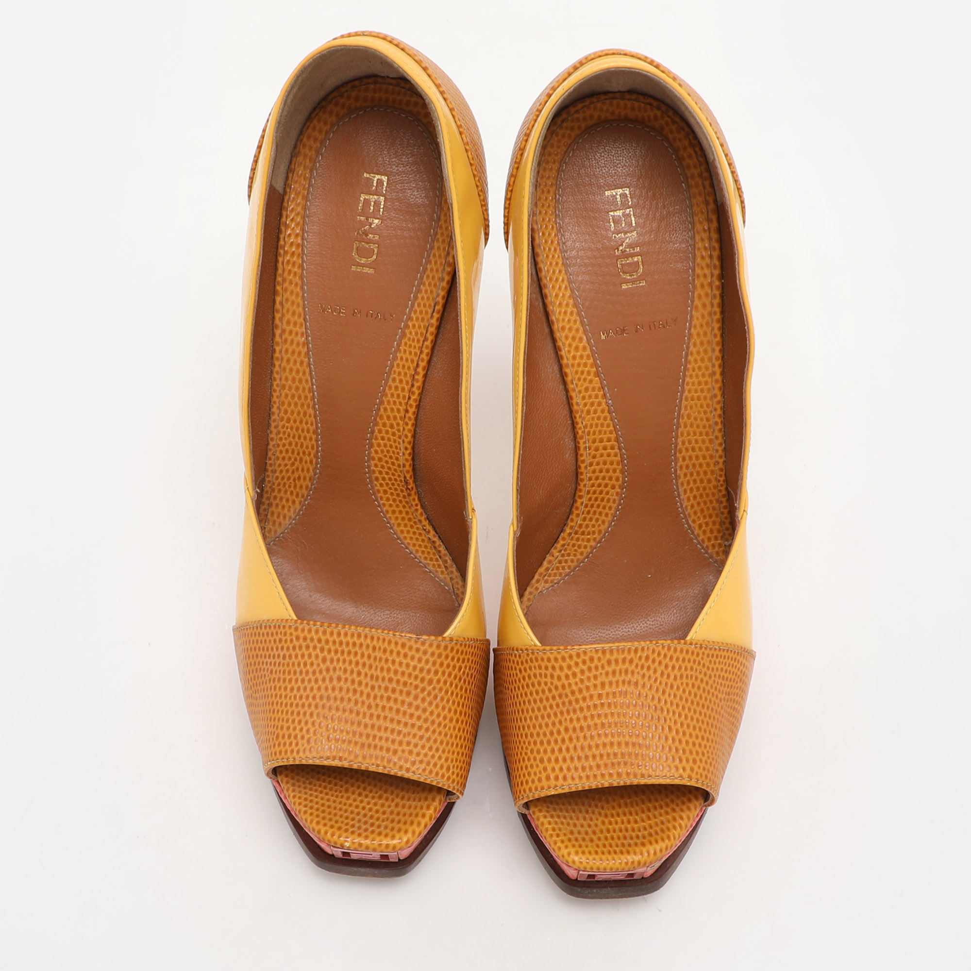 Fendi Tri Color Fendista Colorblock Lizard-Embossed Leather Peep Toe Platform Pumps Size 36 