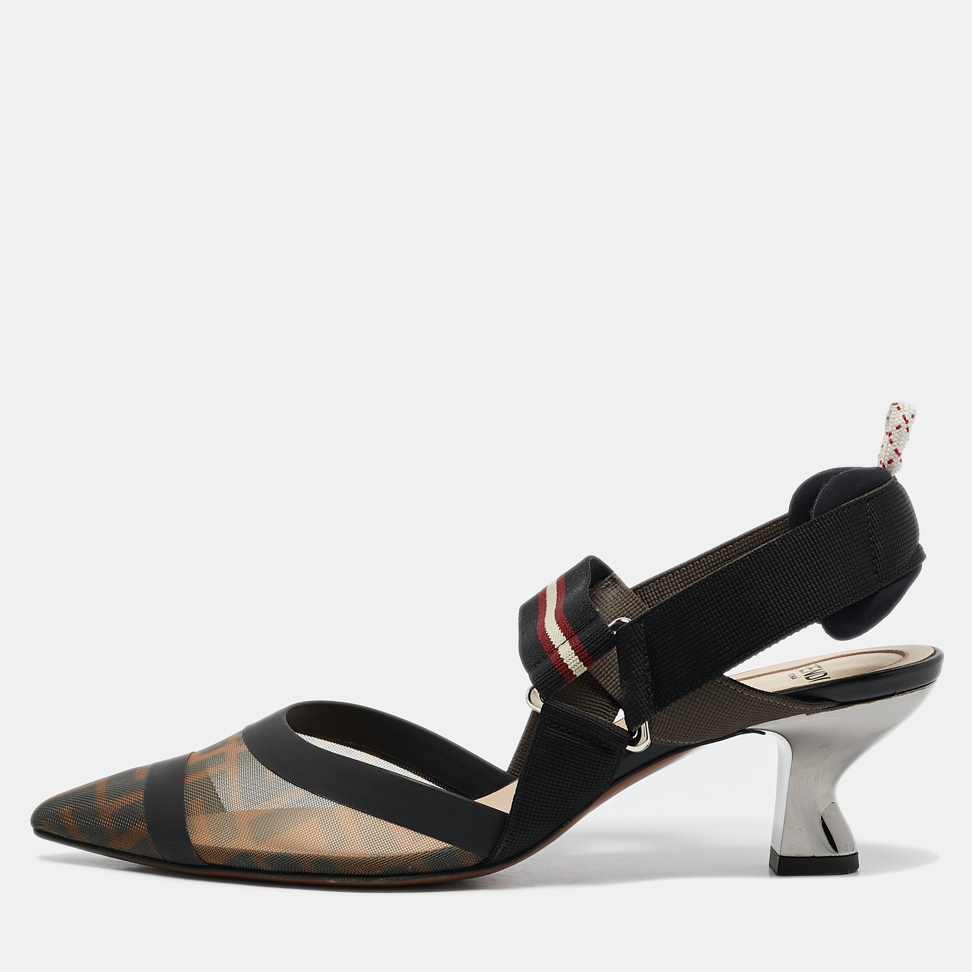 

Fendi Brown/Black Zucca Mesh and Fabric Colibri Slingback Pumps Size