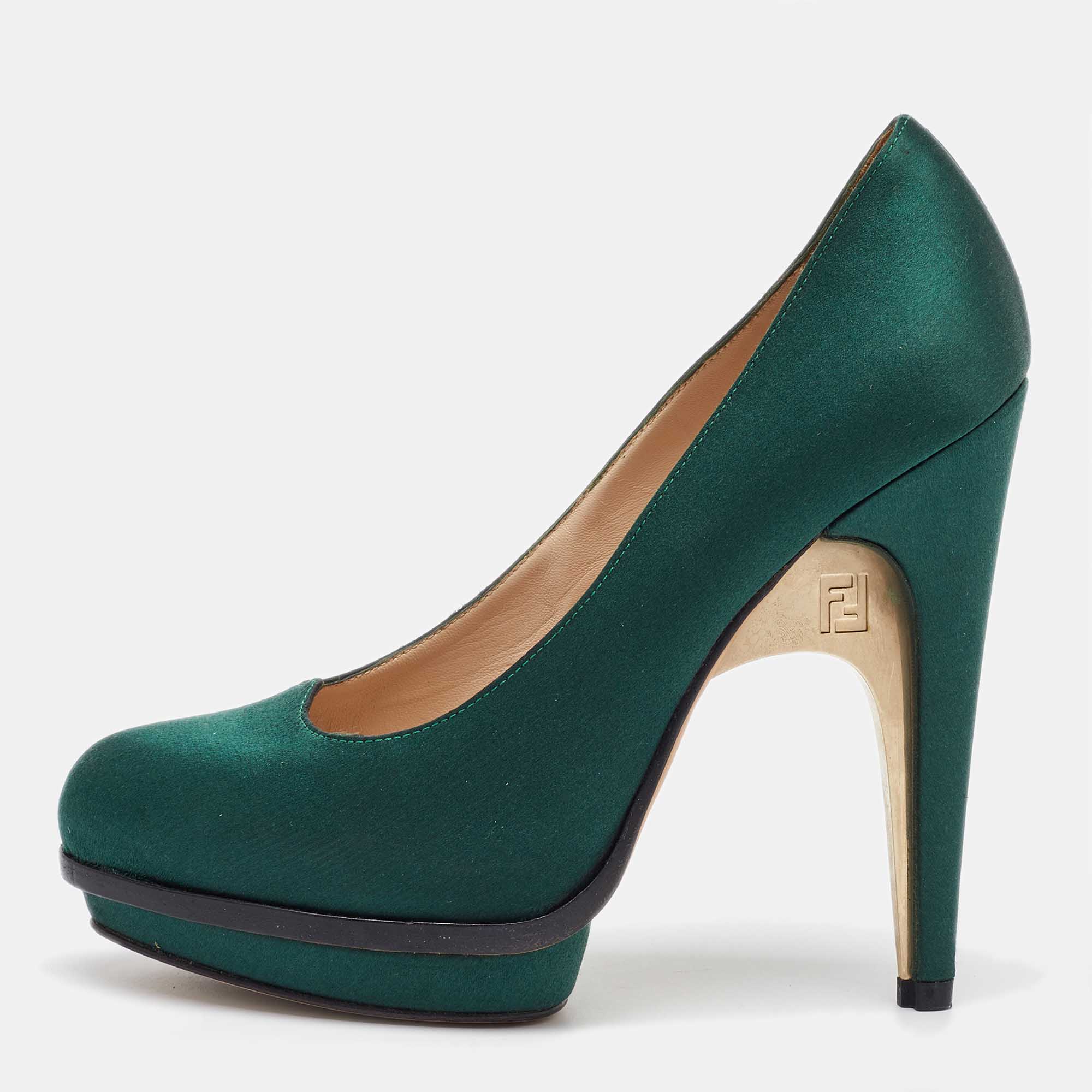 

Fendi Dark Green Satin Bridge Heel Platform Pumps Size