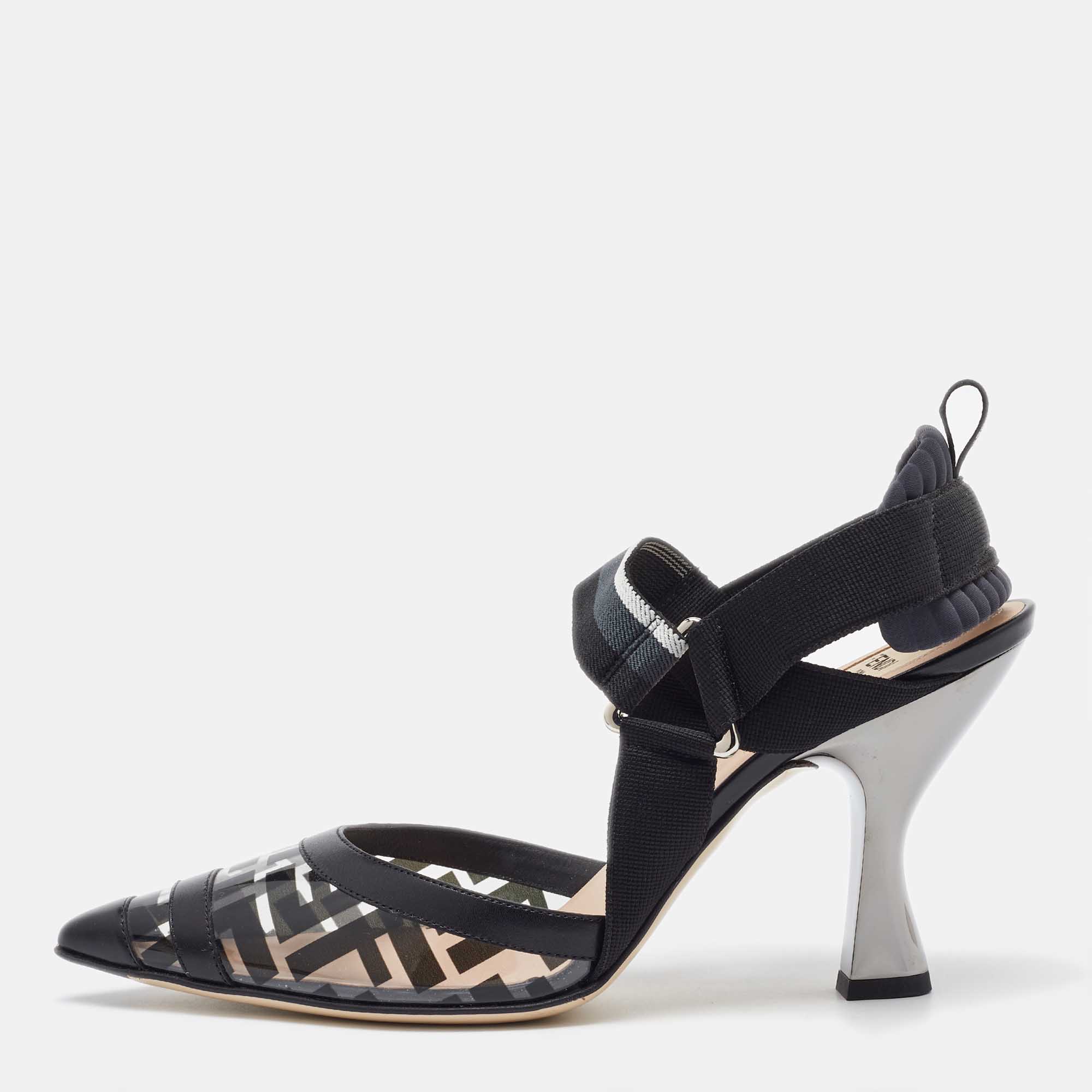 

Fendi Black Zucca PVC and Leather Colibri Slingback Pumps Size