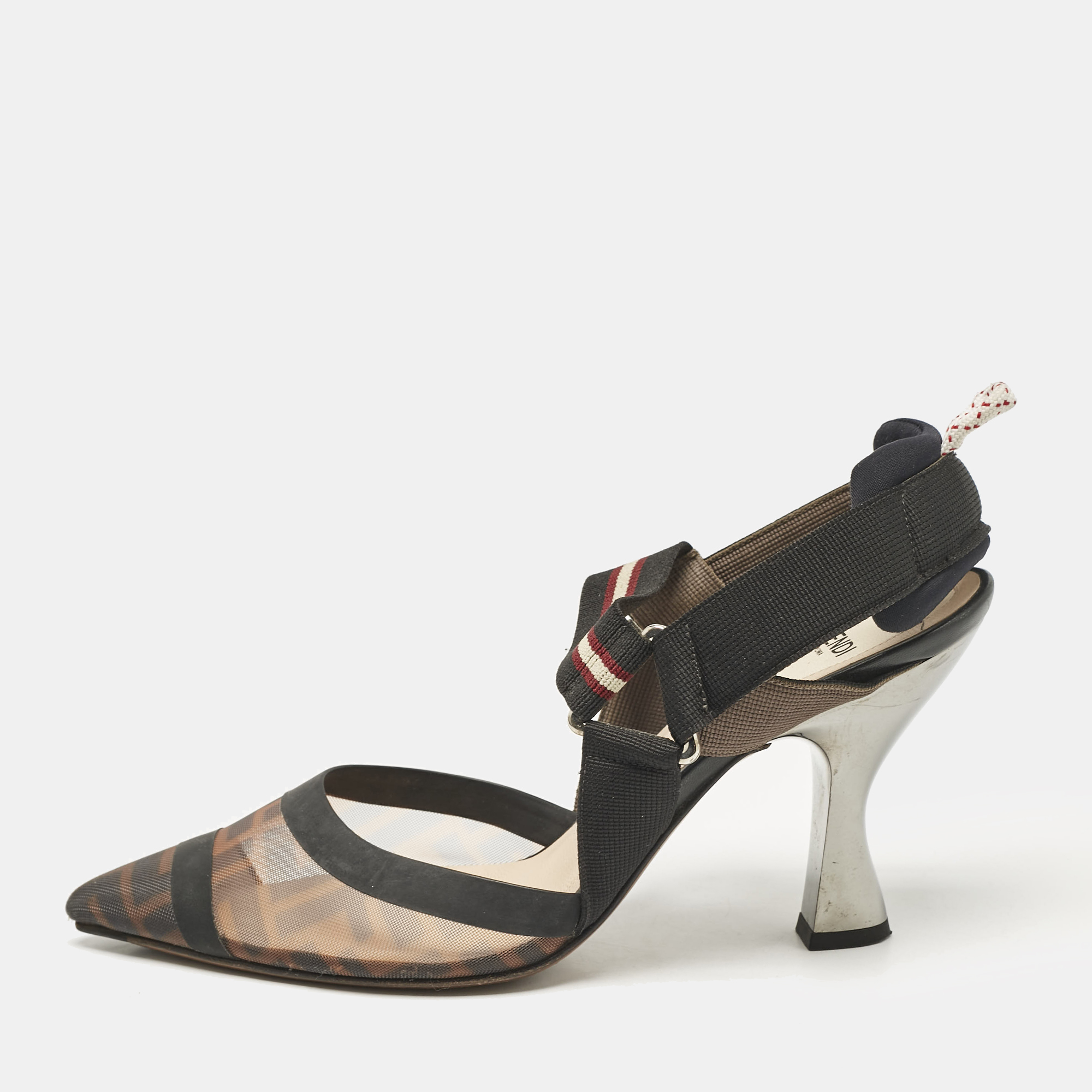 

Fendi Brown Zucca Mesh and Canvas Colibri Slingback Pumps Size