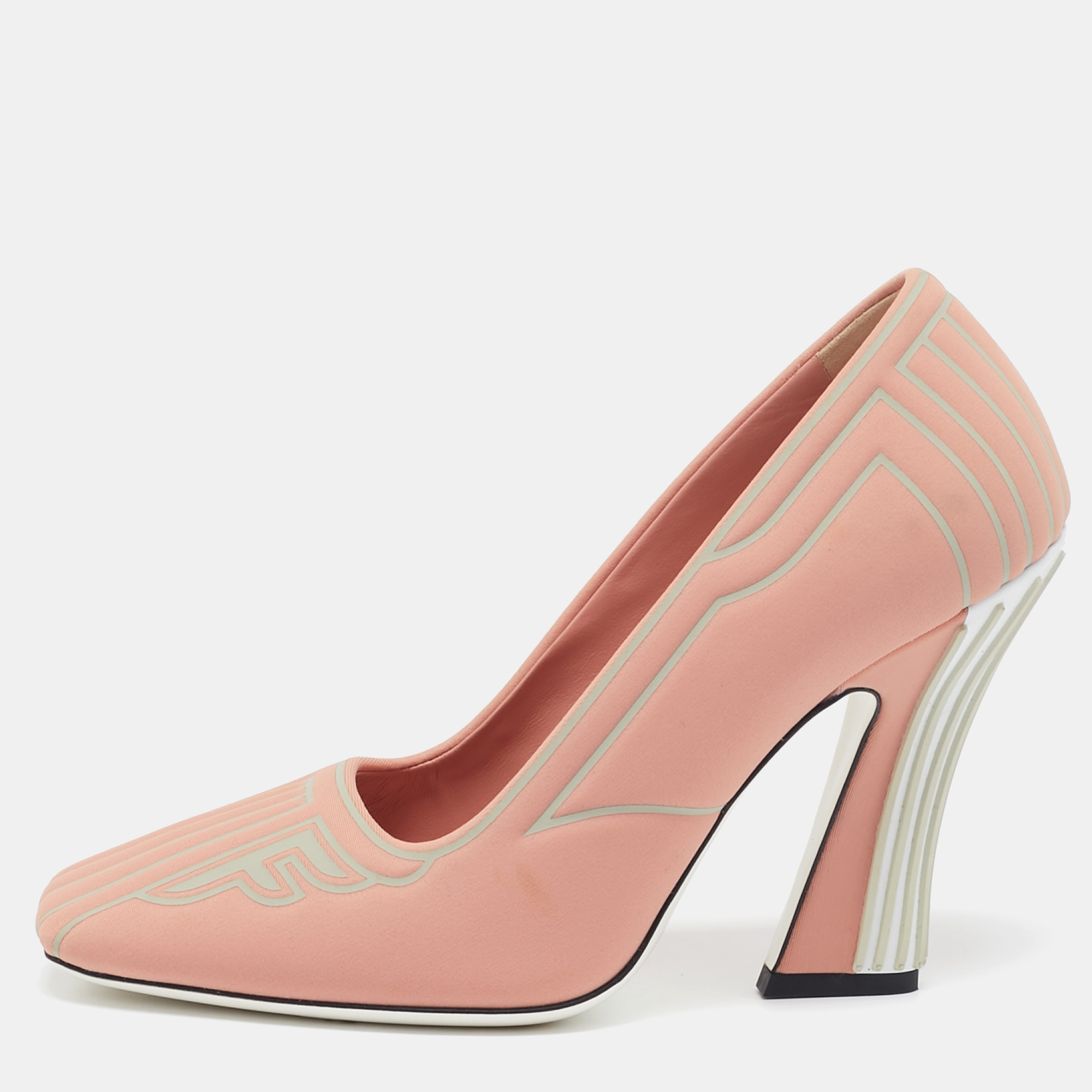 

Fendi Peach Pink/Grey Neoprene and Rubber Square Toe FFreedom Pumps Size