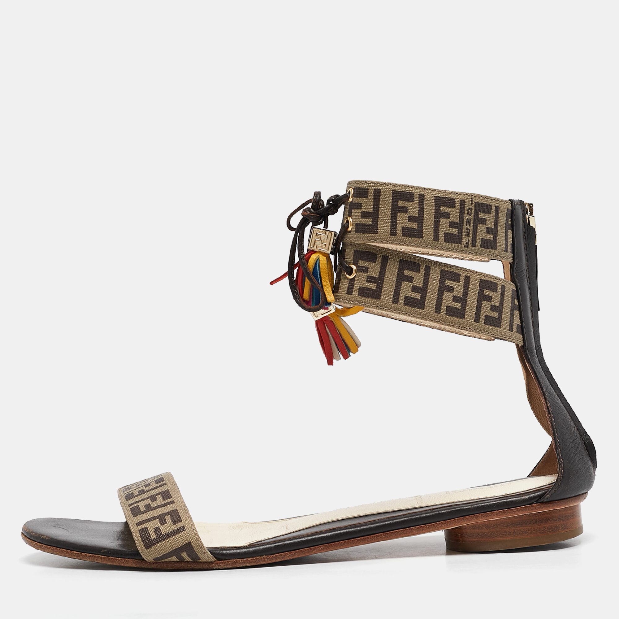 

Fendi Tobacco Zucca Canvas and Leather Ankle Strap Flat Sandals Size, Brown