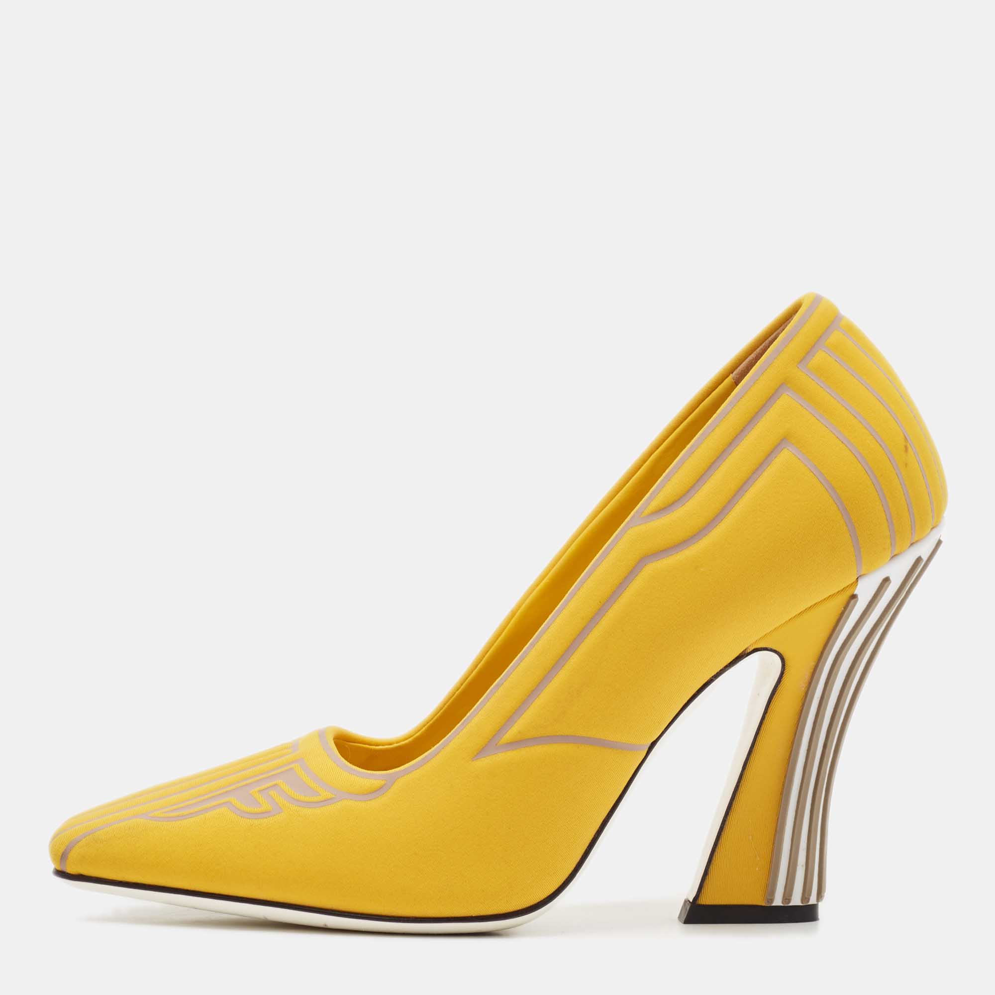 

Fendi Yellow Fabric F Freedom Block Heel Pumps Size