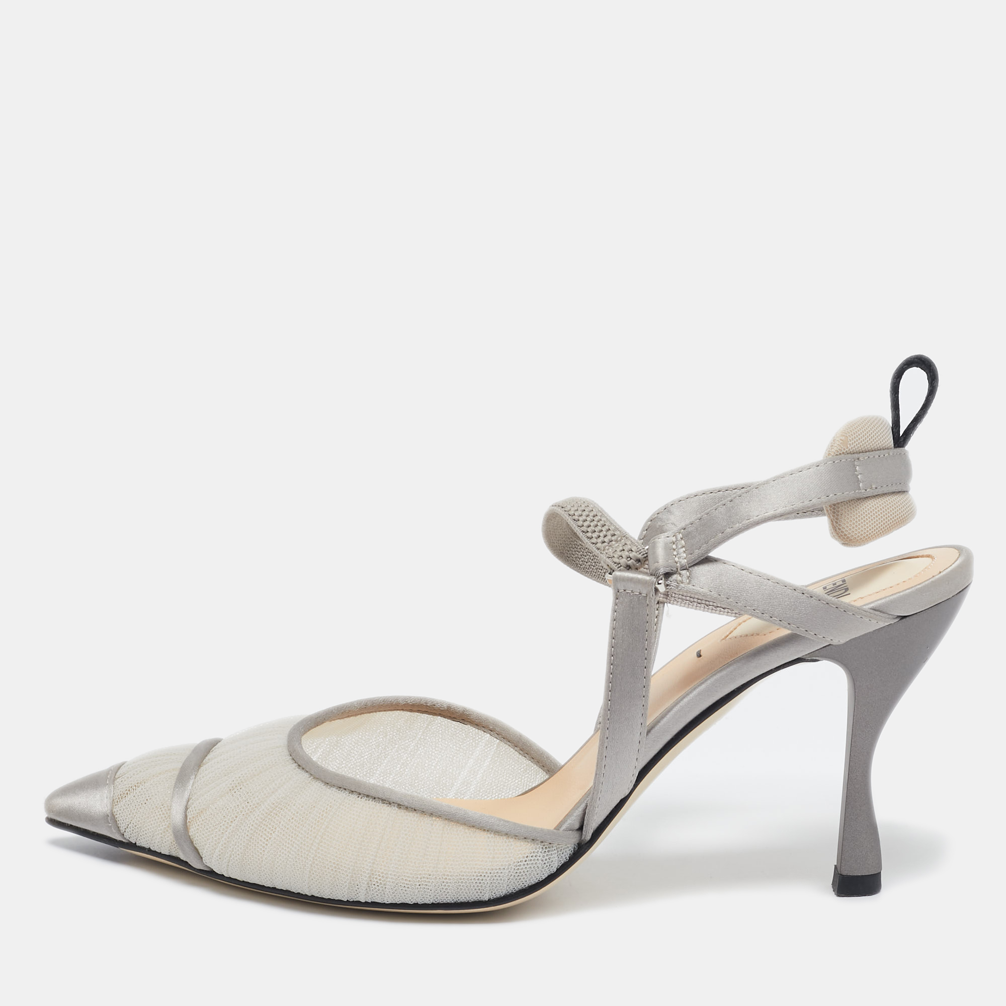 

Fendi Grey Satin and Net Colibri Lite Slingback Pumps Size