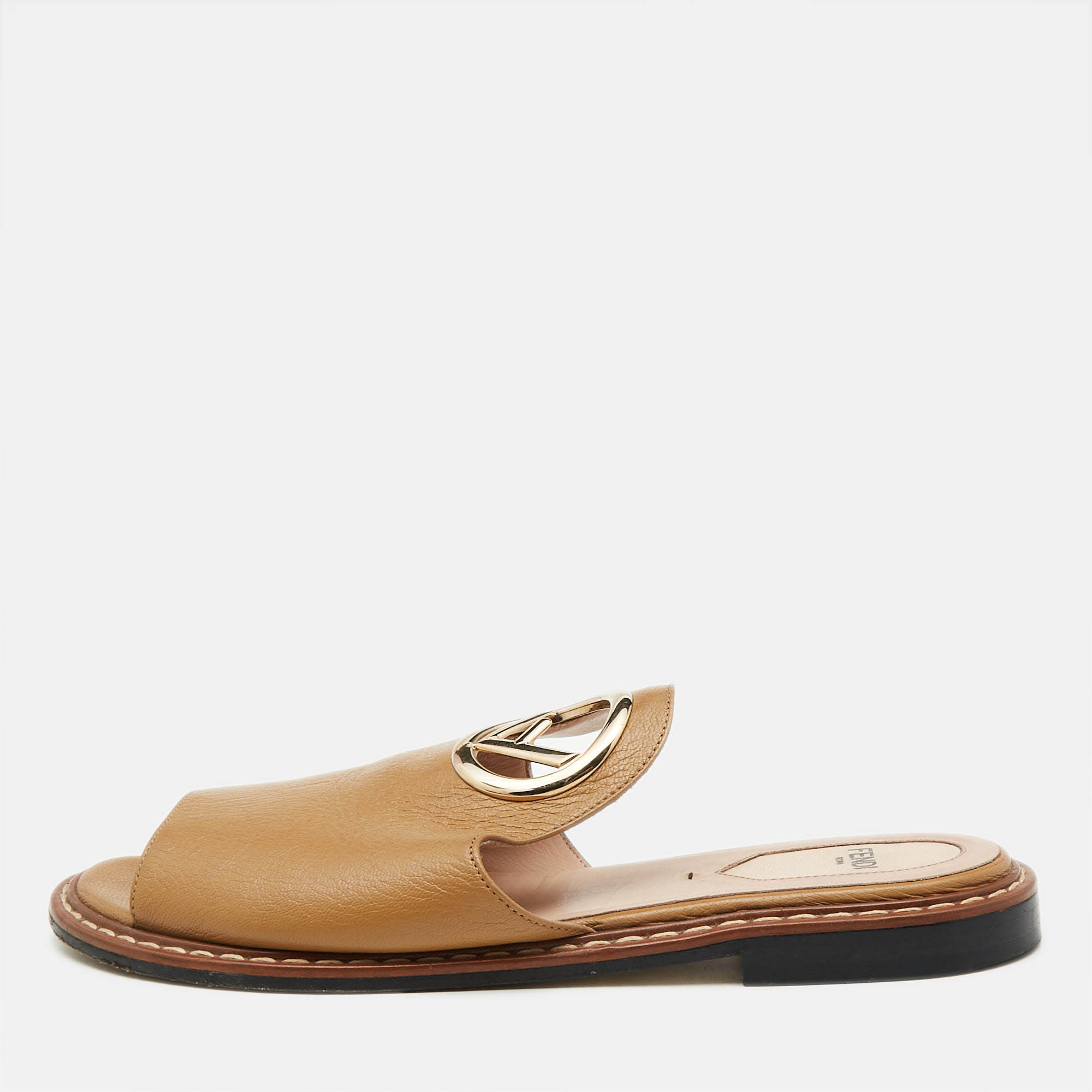 

Fendi Brown Leather F Logo Open Toe Flat Mules