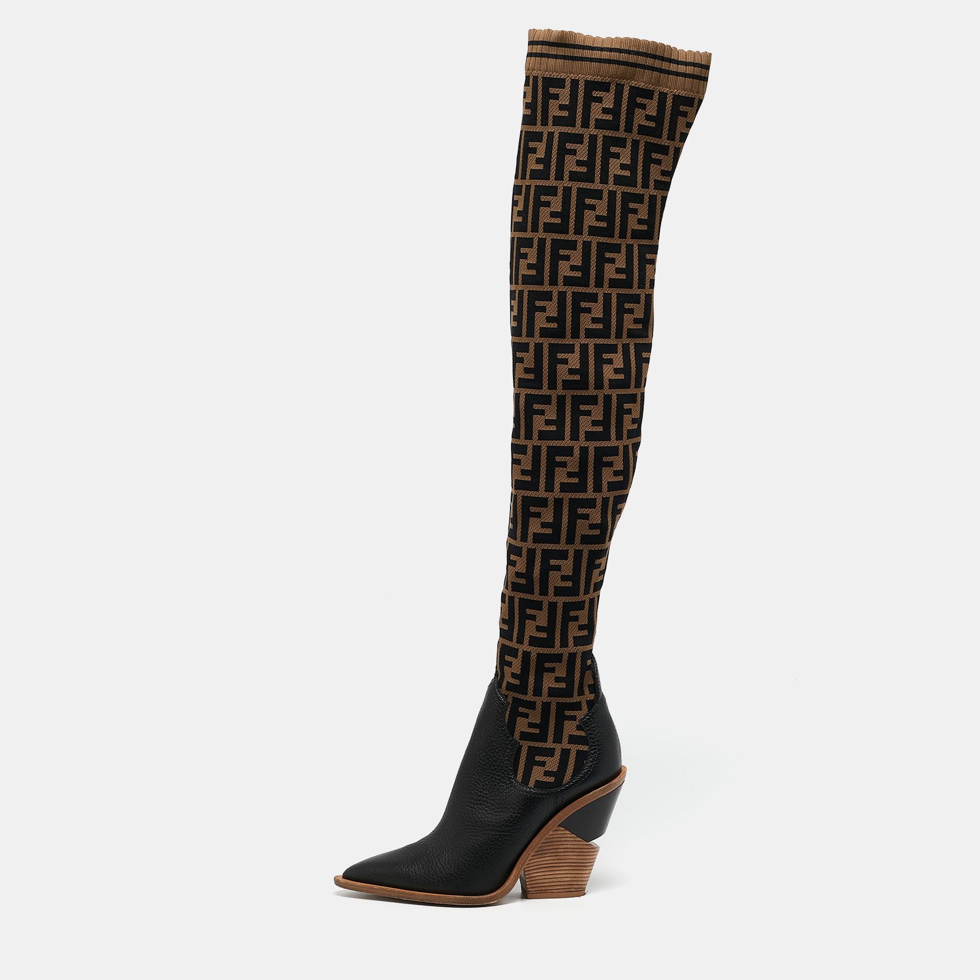 

Fendi Black/Beige Zucca Fabric And Leather Colibri Knee Length Boots Size, Brown