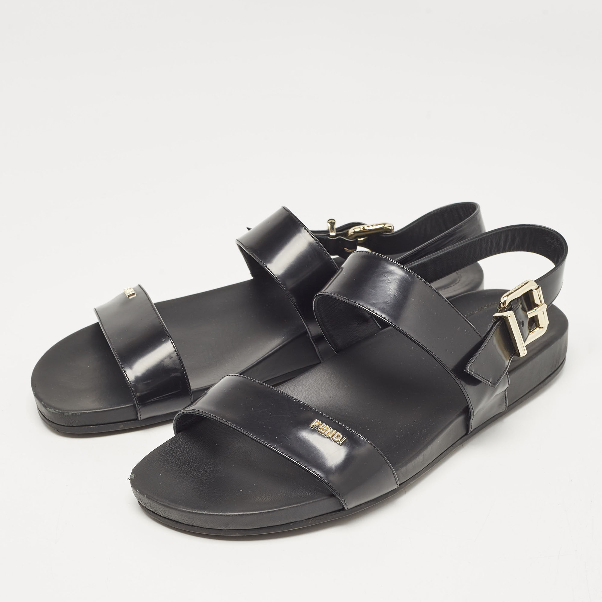 Fendi Black Patent Leather Strap Buckle Flats Size 40 