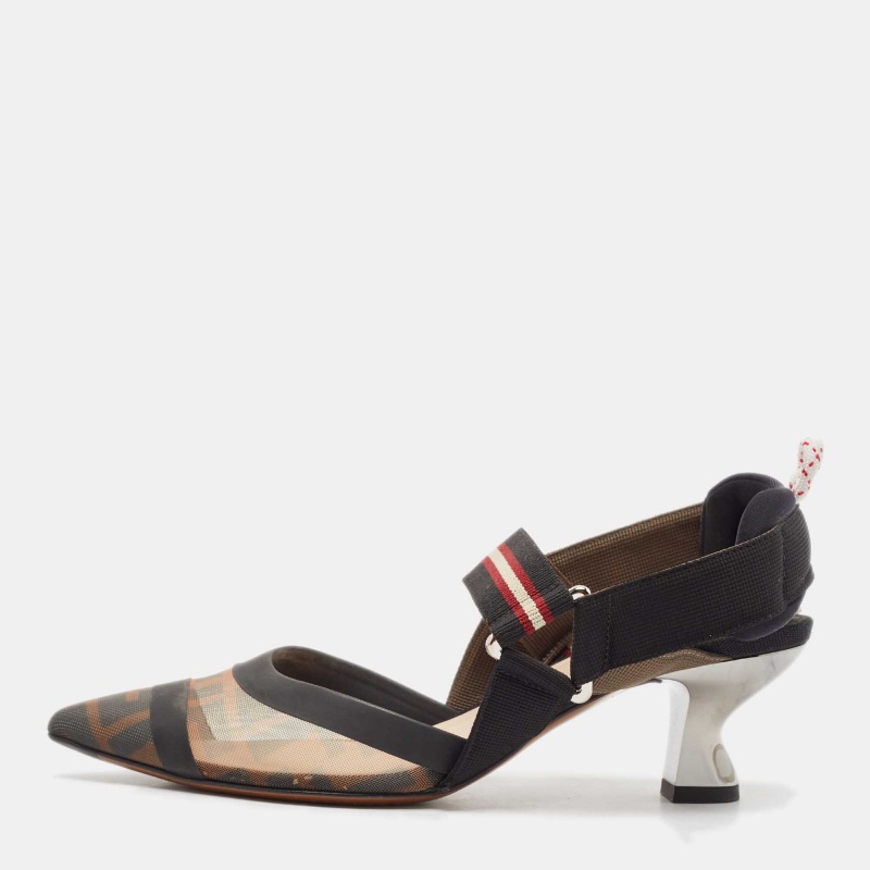 

Fendi Brown Canvas and Mesh Colibri Slingback Pumps Size