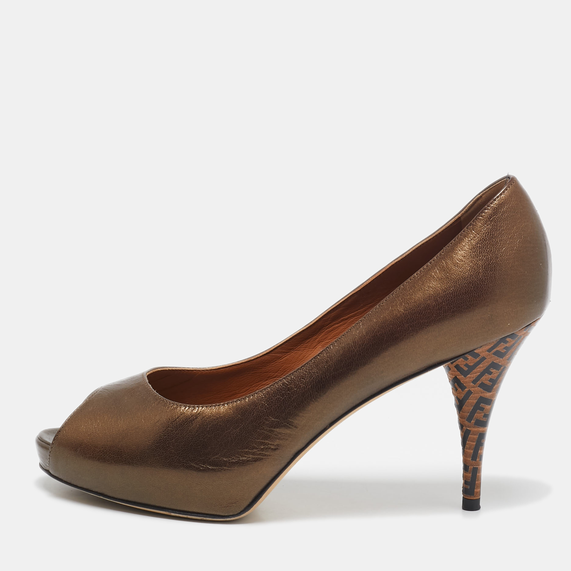 

Fendi Bronze Leather Zucca Print Heel Peep Toe Pumps Size, Metallic