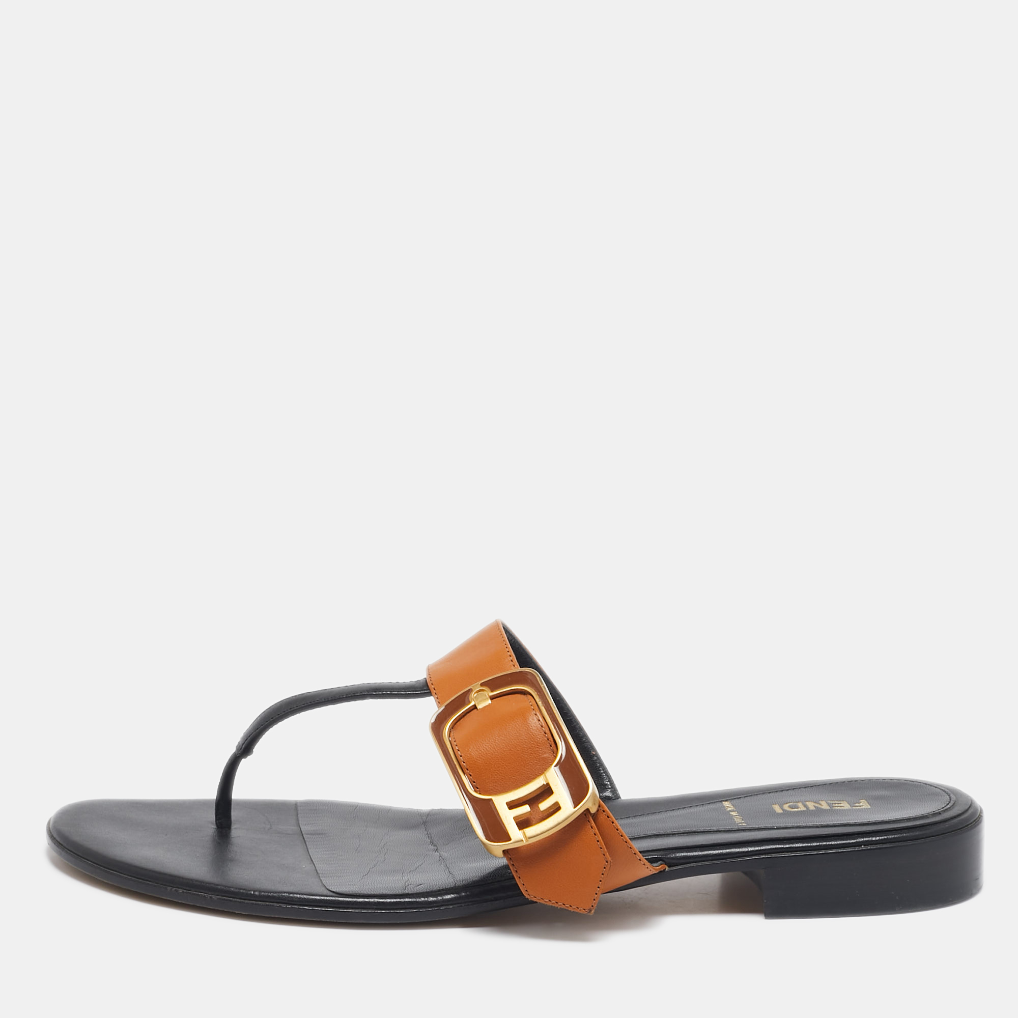 

Fendi Brown/Black Leather Buckle Thong Slide Flats Size