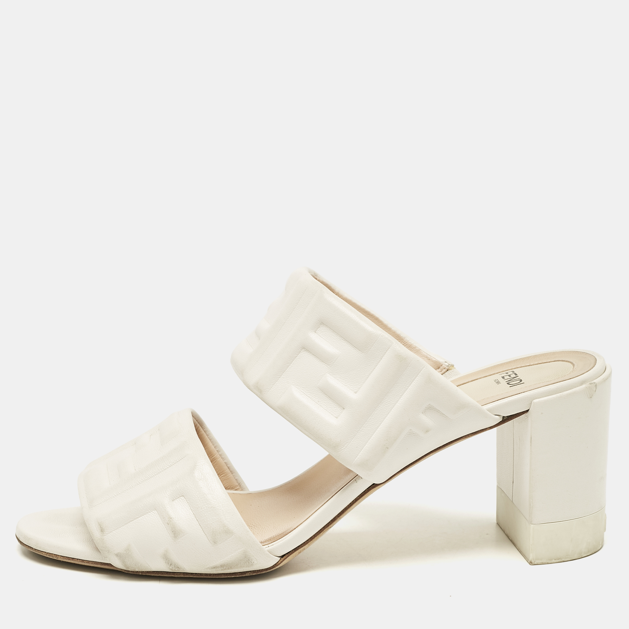 

Fendi White Leather FF Block Heel Slide Sandals Size