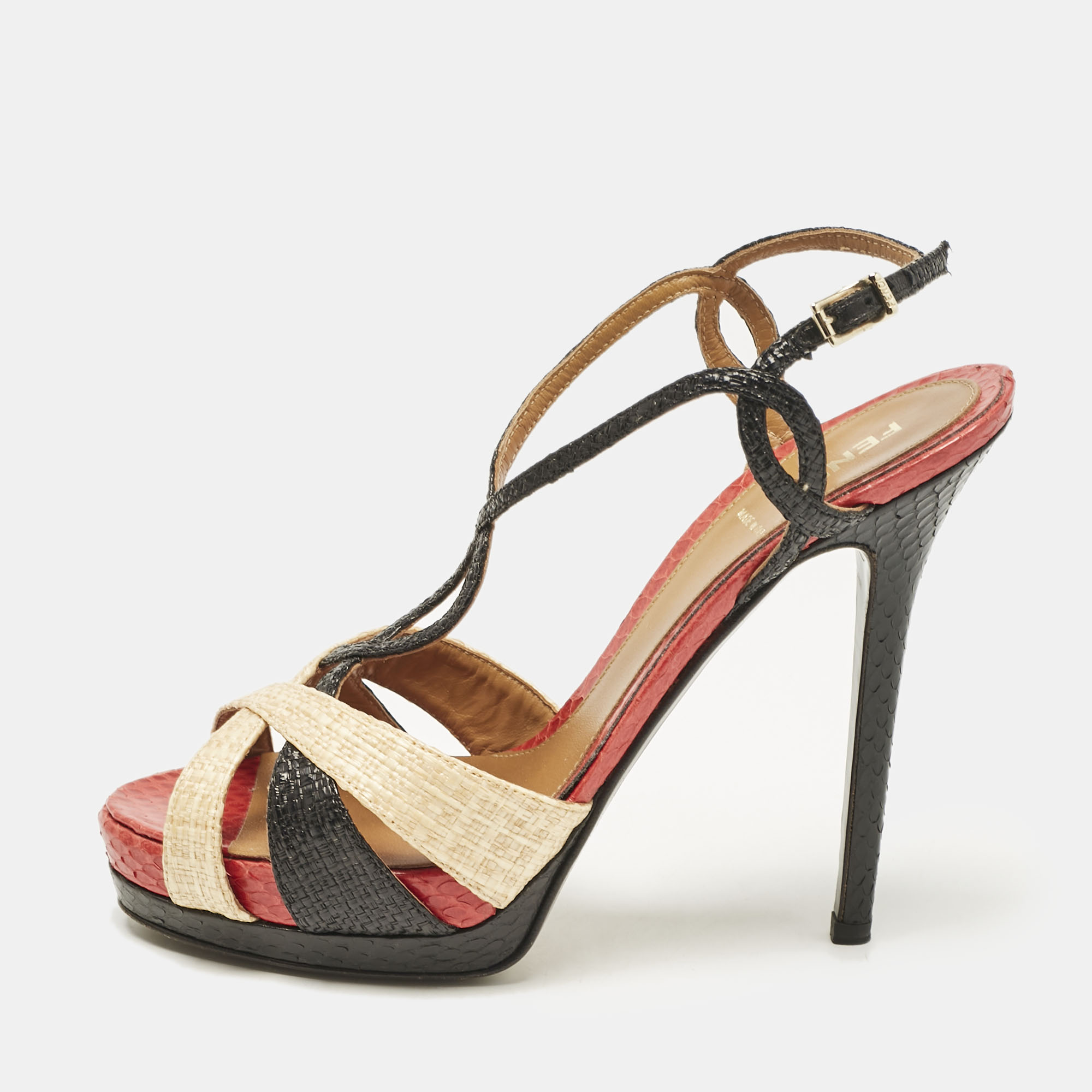 

Fendi Tri Color Raffia and Snakeskin Strappy Slingback Platform Sandals Size, Multicolor